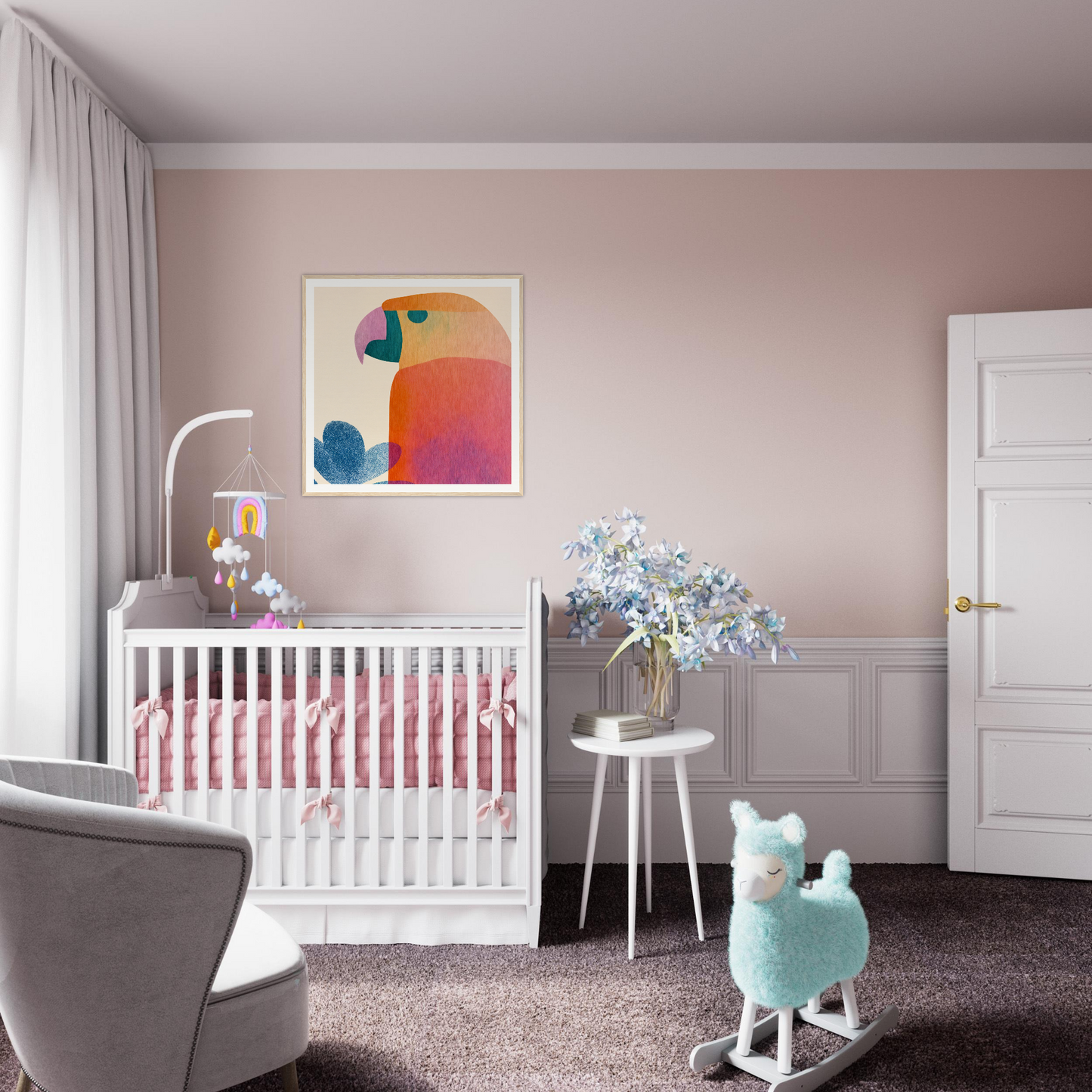 White wooden crib with pink bedding from Parrot’d Jazz Dreaming special edition art™