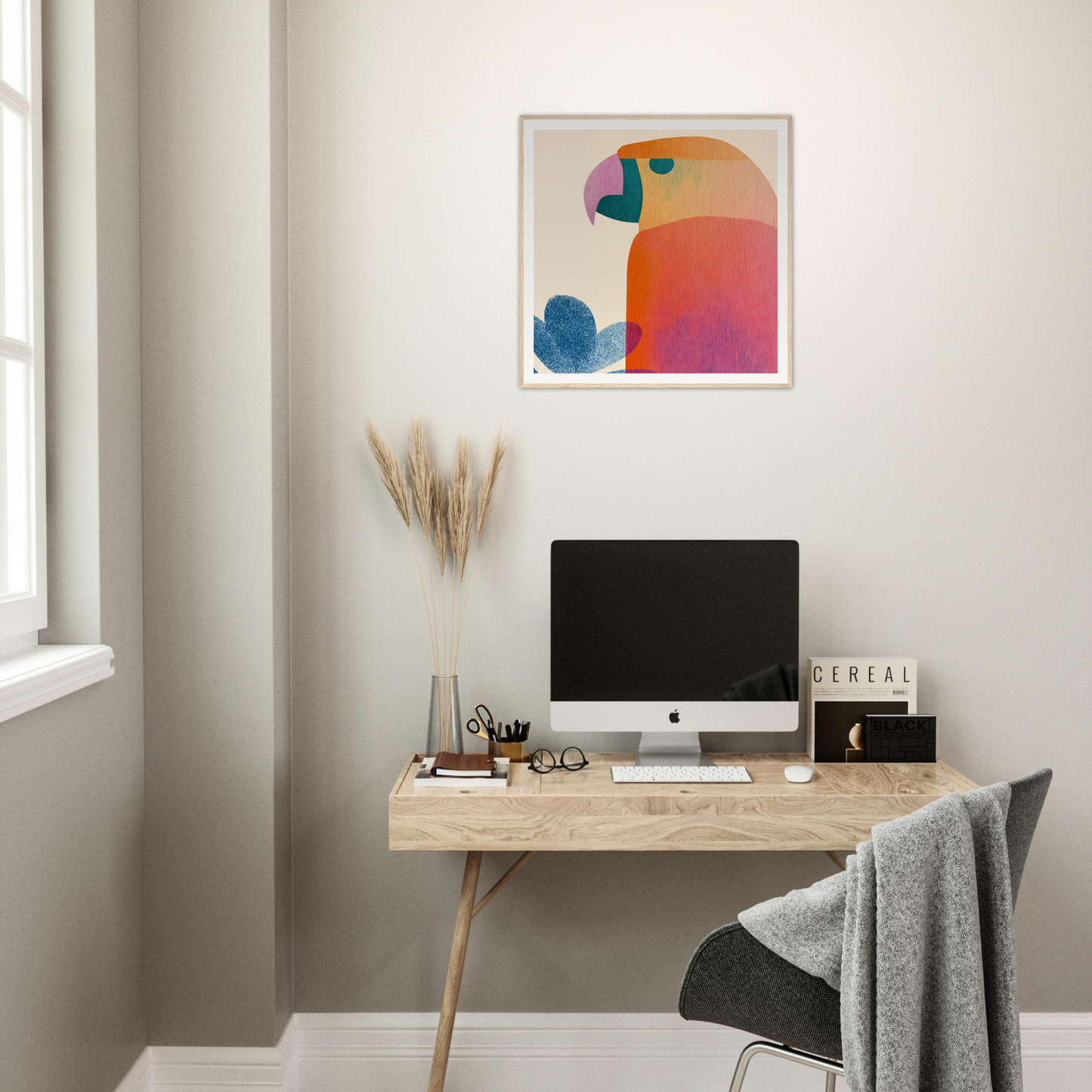 Minimalist wooden desk with iMac computer, featured in Parrot’d Jazz Dreaming