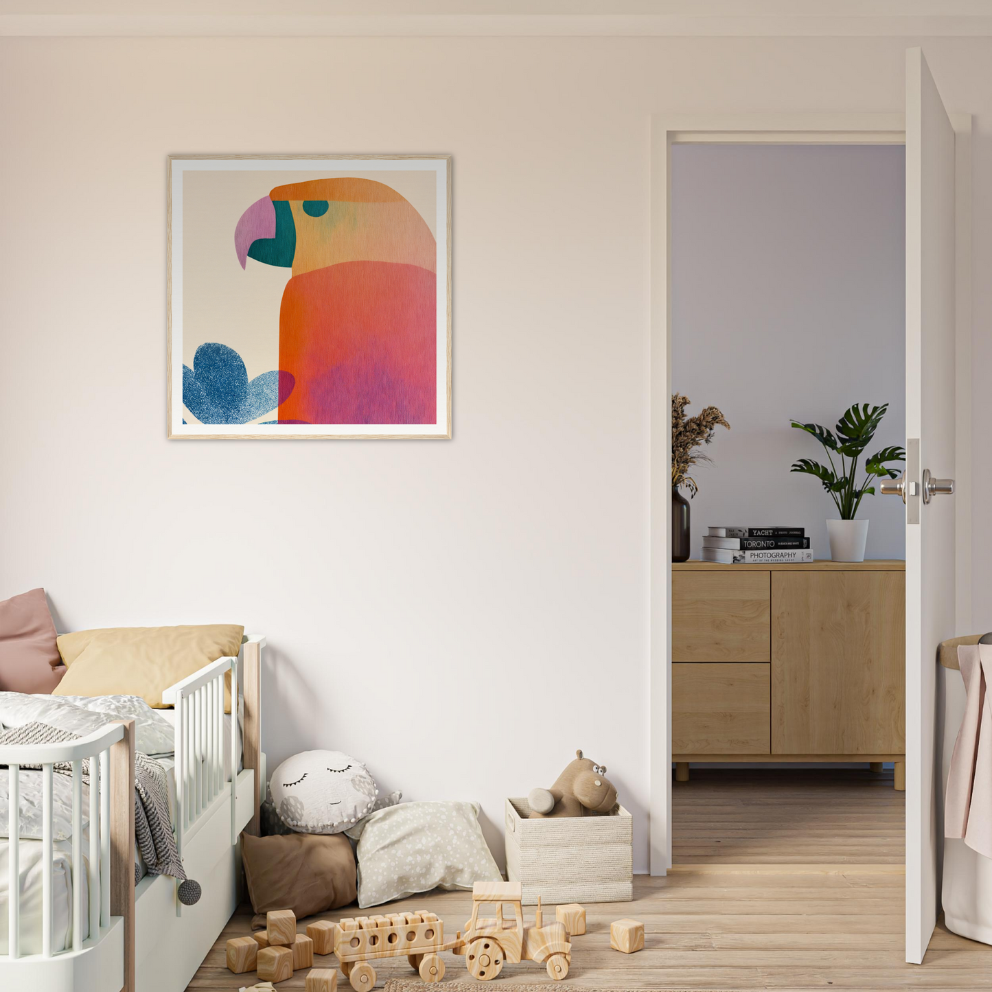 Colorful abstract art print with curved shapes in pink, orange, and blue for Parrot’d Jazz Dreaming