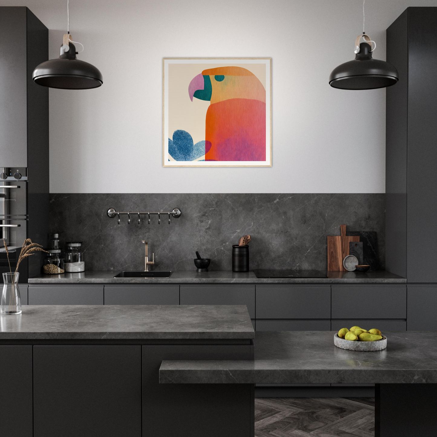 Modern dark kitchen featuring matte black cabinets and Parrot’d Jazz Dreaming art piece