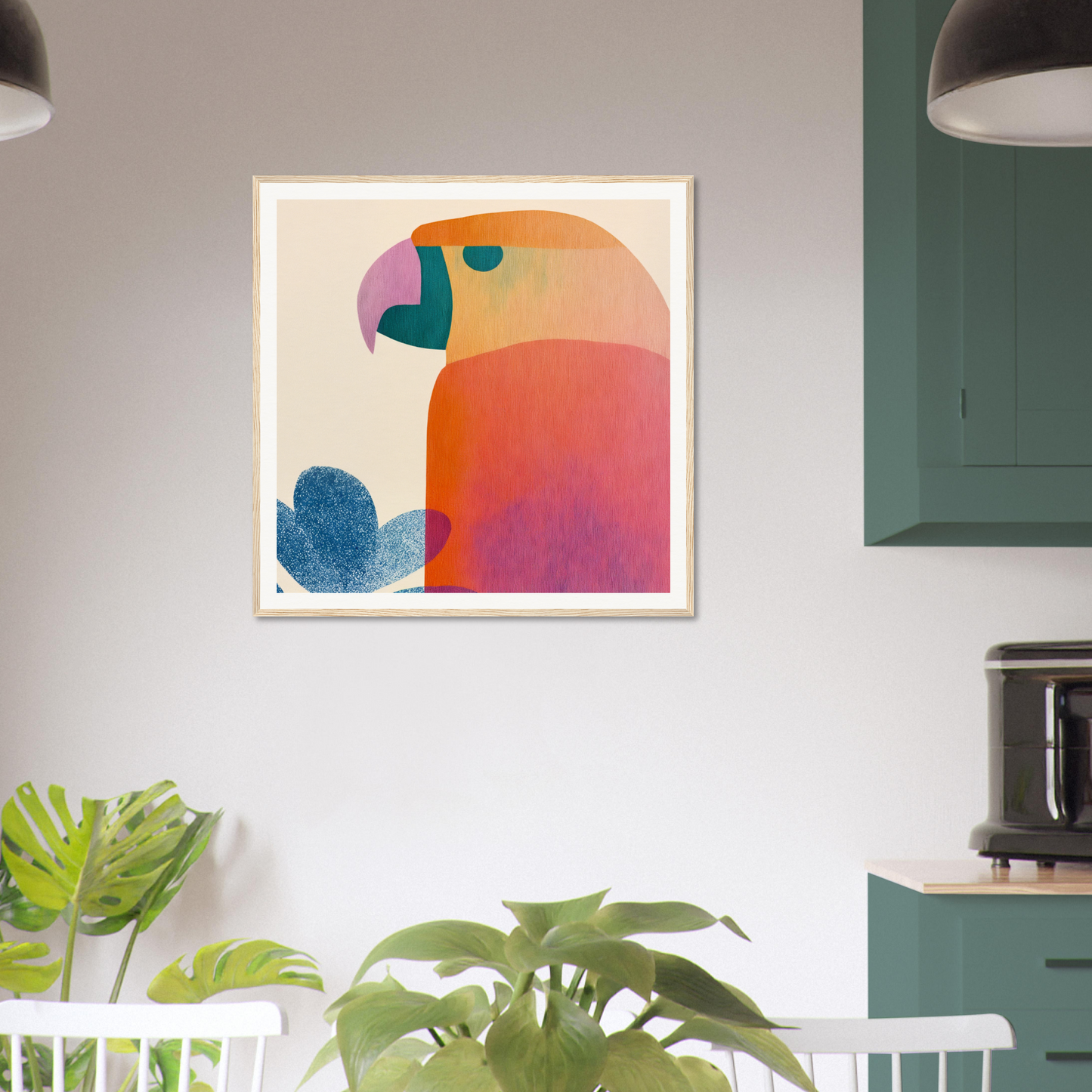 Modern abstract art piece with curved shapes in orange, pink, and blue for Parrot’d Jazz Dreaming