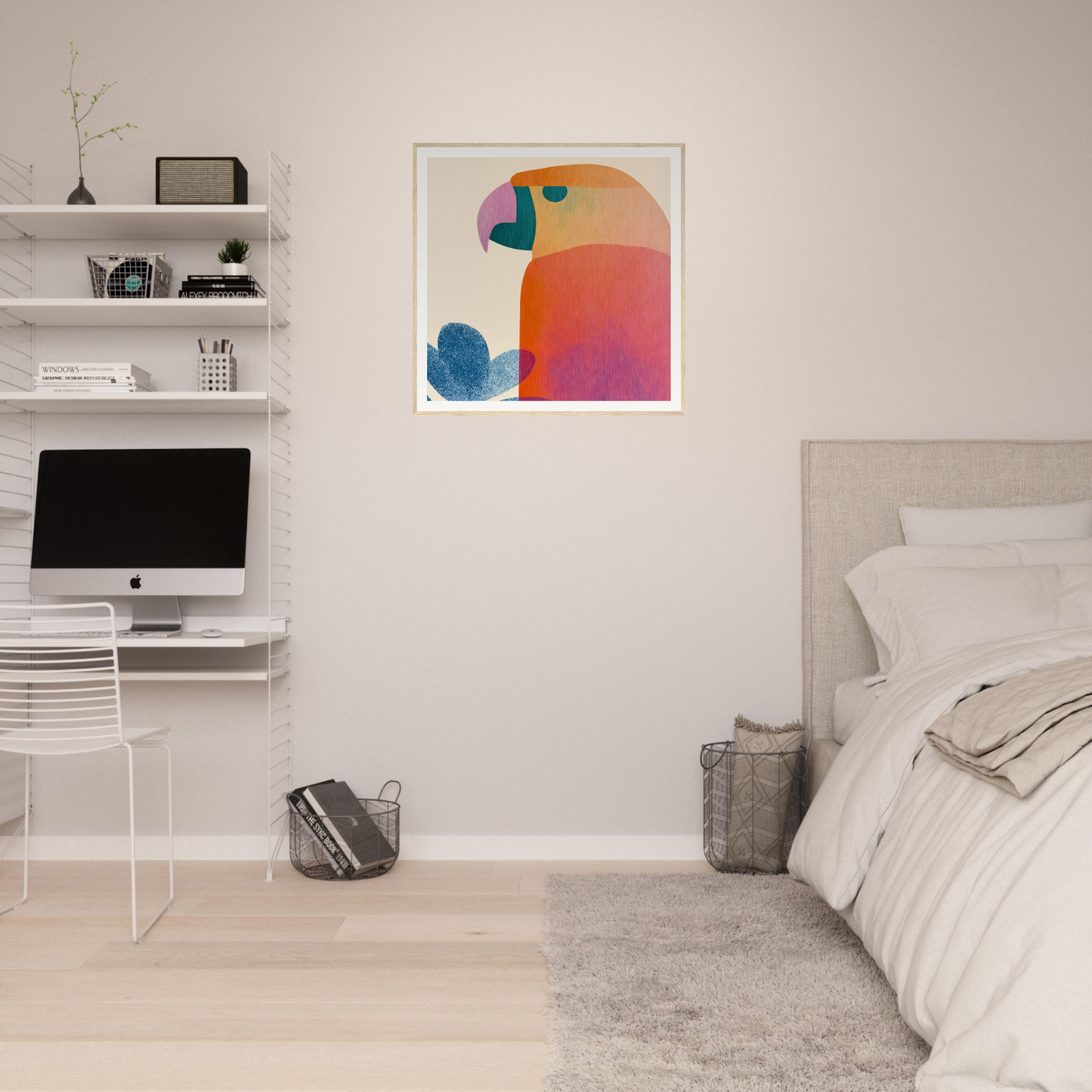 Modern bedroom workspace with wall-mounted iMac in Parrot’d Jazz Dreaming art