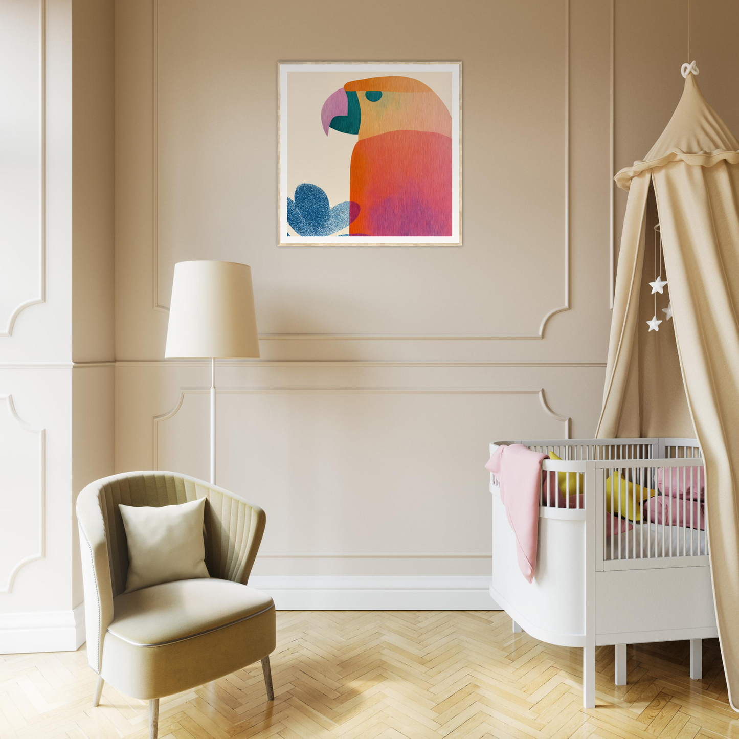 Modern nursery with a white crib and beige canopy from Parrot’d Jazz Dreaming collection