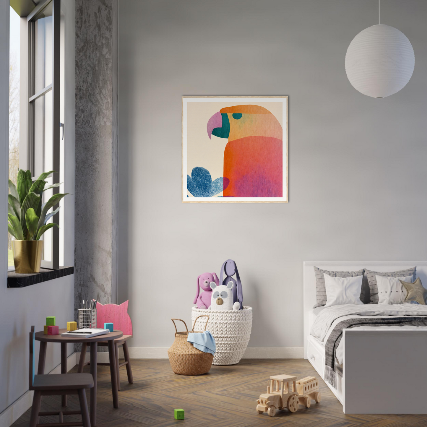 Modern bedroom with Parrot’d Jazz Dreaming artwork and Scandinavian-inspired decor