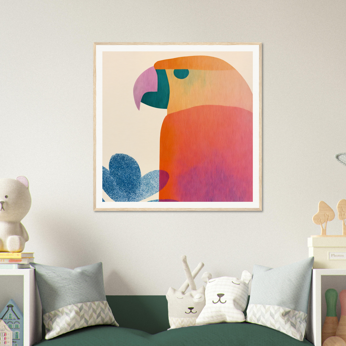 Abstract art print of a parrot in vibrant colors, inspired by Parrot’d Jazz Dreaming
