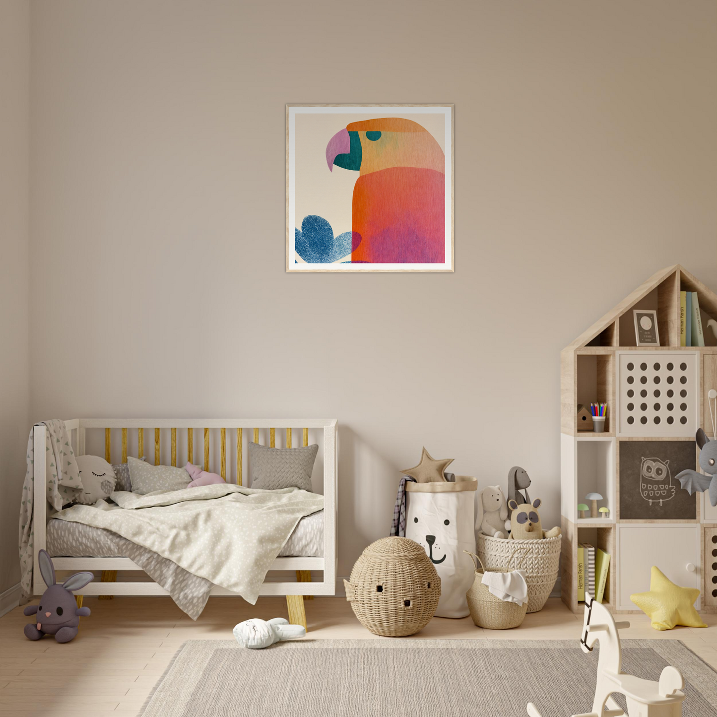 Modern nursery crib with gray cushioning and wooden slats from Parrot’d Jazz Dreaming