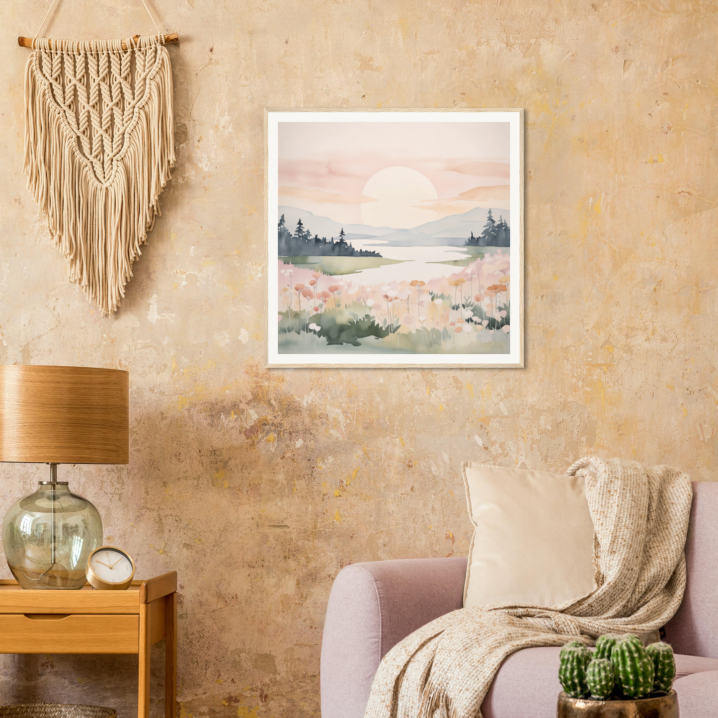 Framed watercolor landscape painting of a misty lake by Pastel Ego Horizon