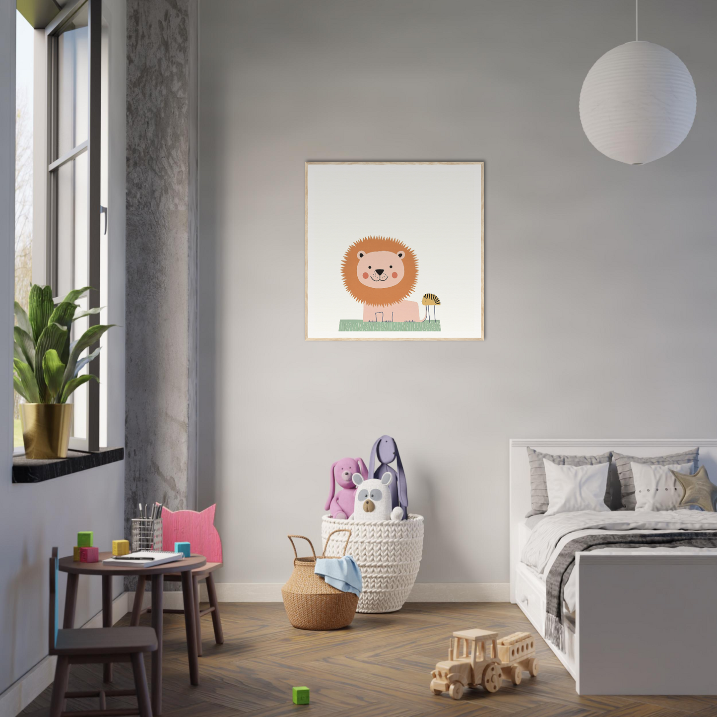 Cute cartoon lion illustration with a flower on white canvas for Pastel Jungle Trace