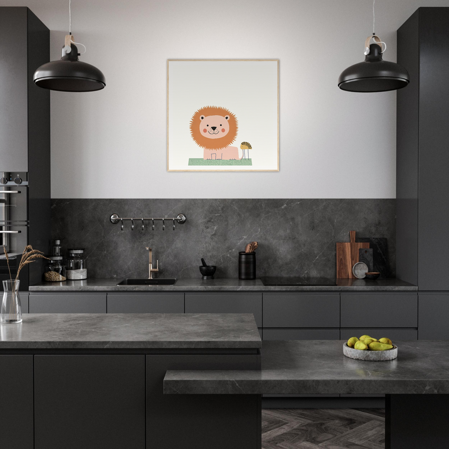 Modern dark gray kitchen featuring Pastel Jungle Trace lion artwork on the wall
