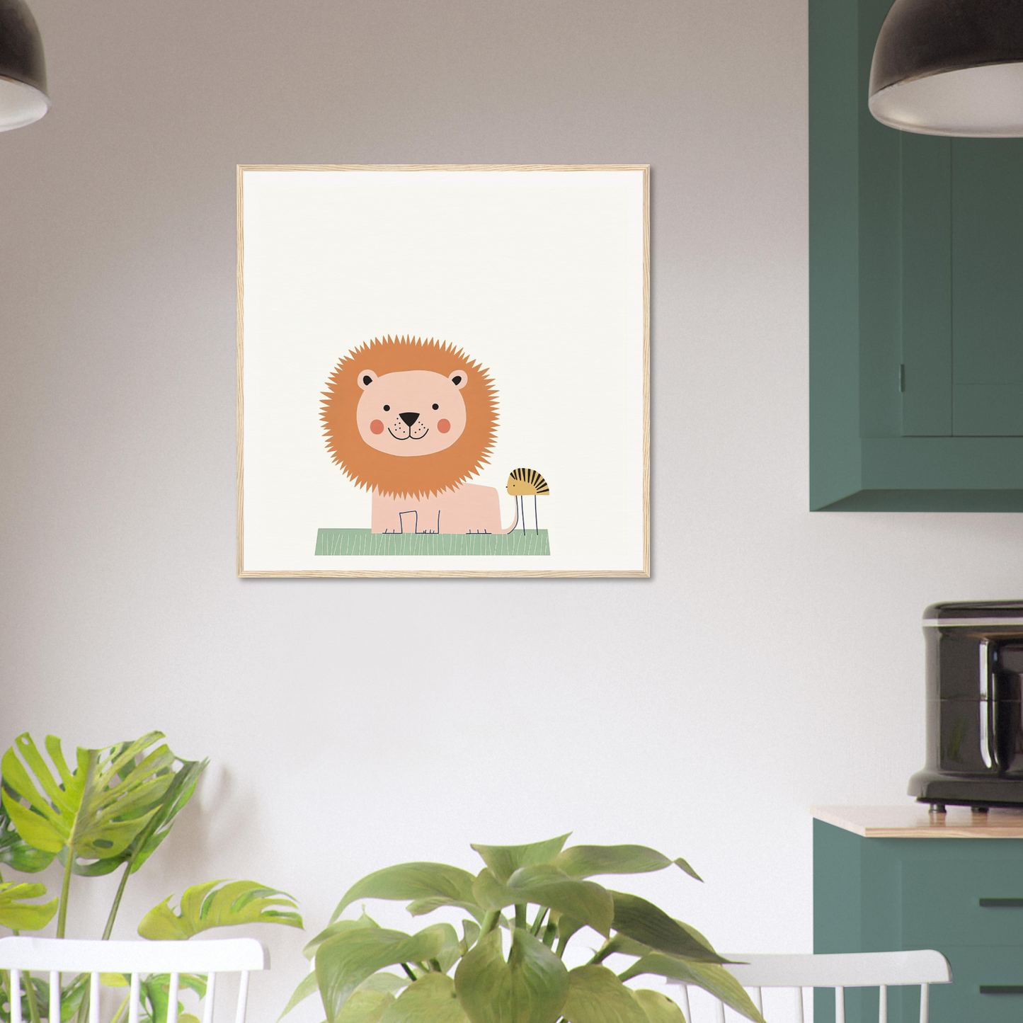 Cute cartoon lion with a tiny bird in minimalist style, featured in Pastel Jungle Trace