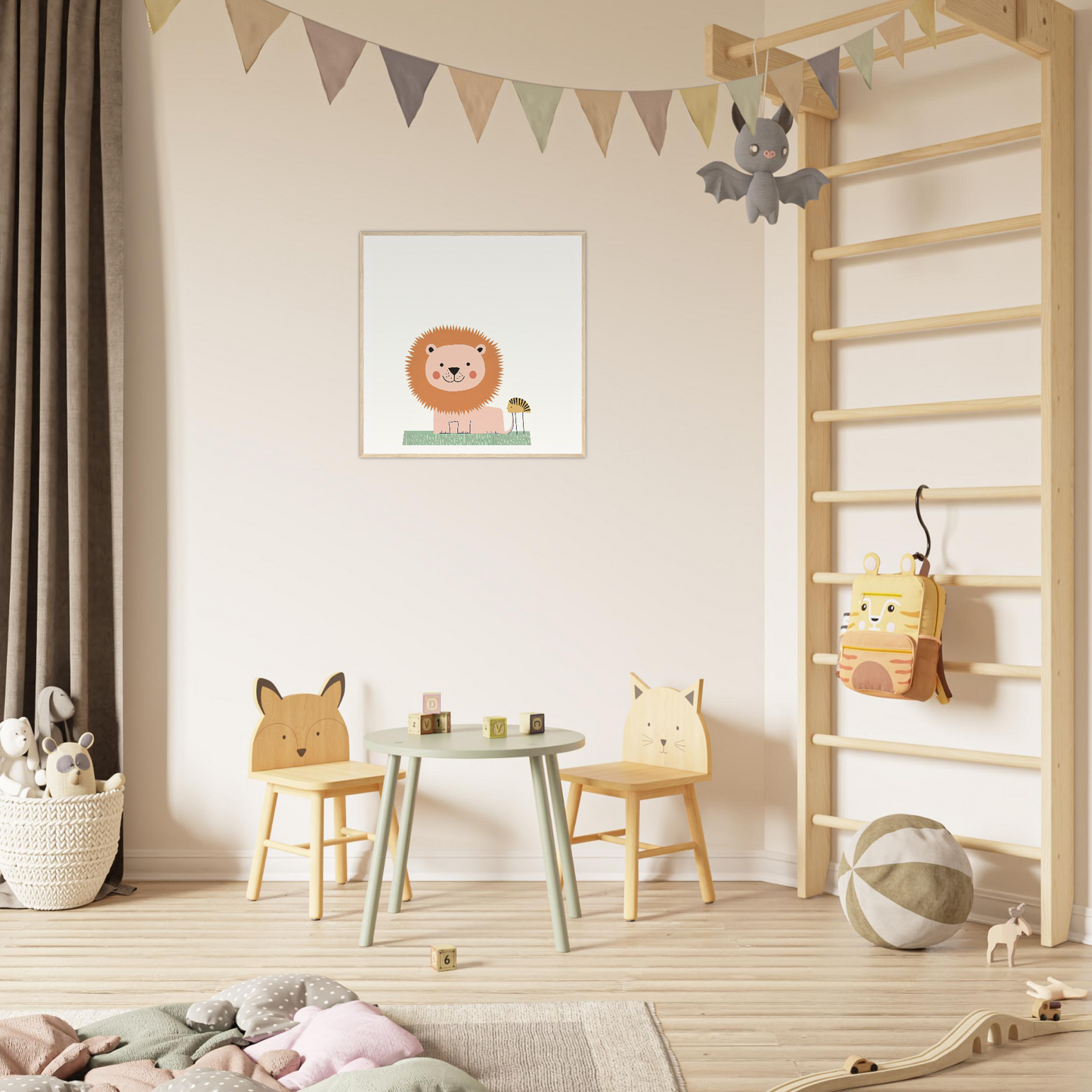 Children’s play area featuring animal-themed chairs and a round table in Pastel Jungle Trace