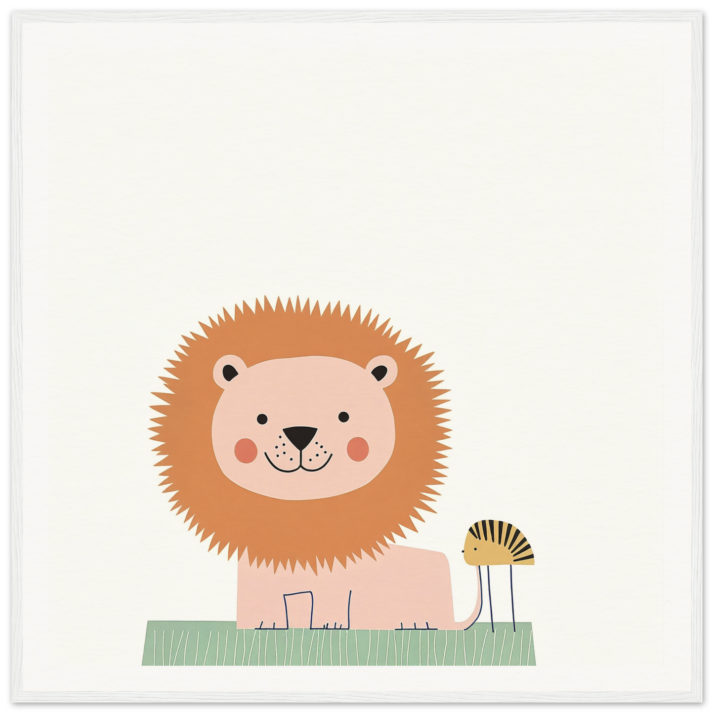 Cute cartoon lion with a spiky mane sitting beside a flower in Pastel Jungle Trace