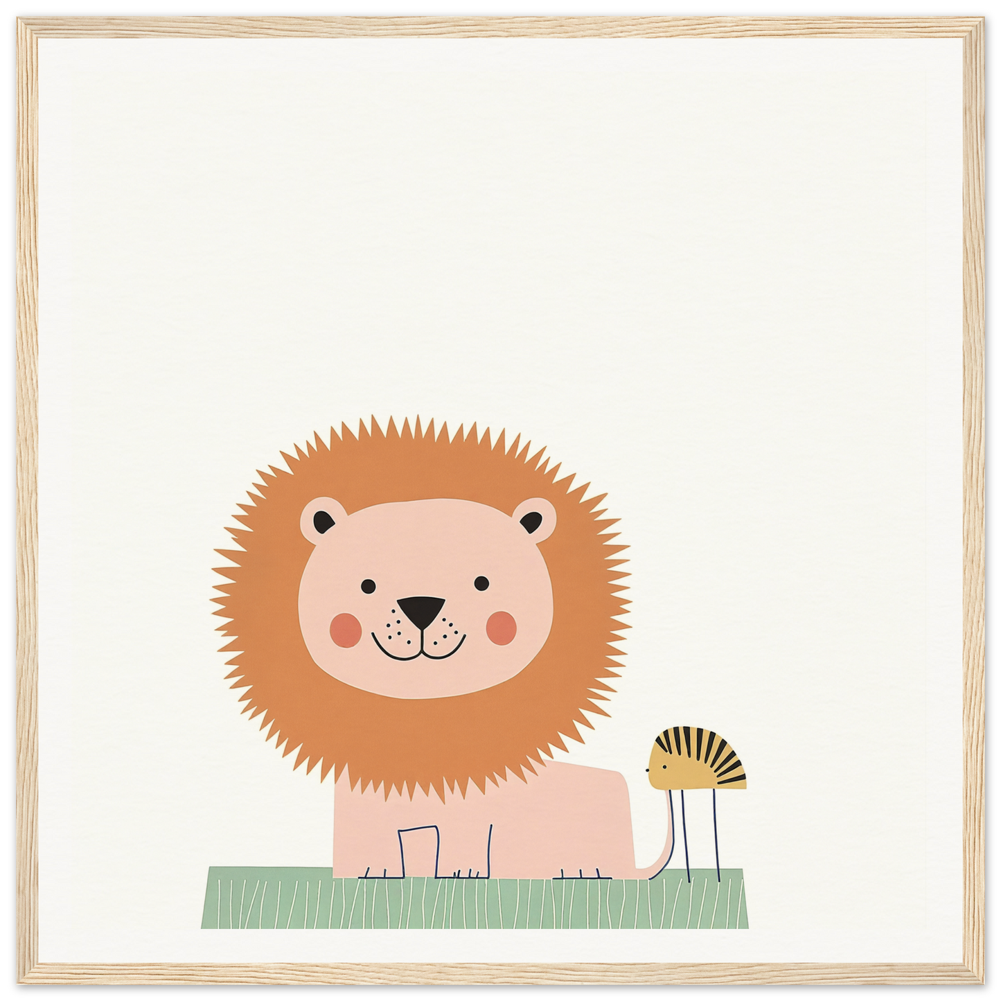 Cute cartoon lion with spiky mane and rosy cheeks next to a flower in Pastel Jungle Trace