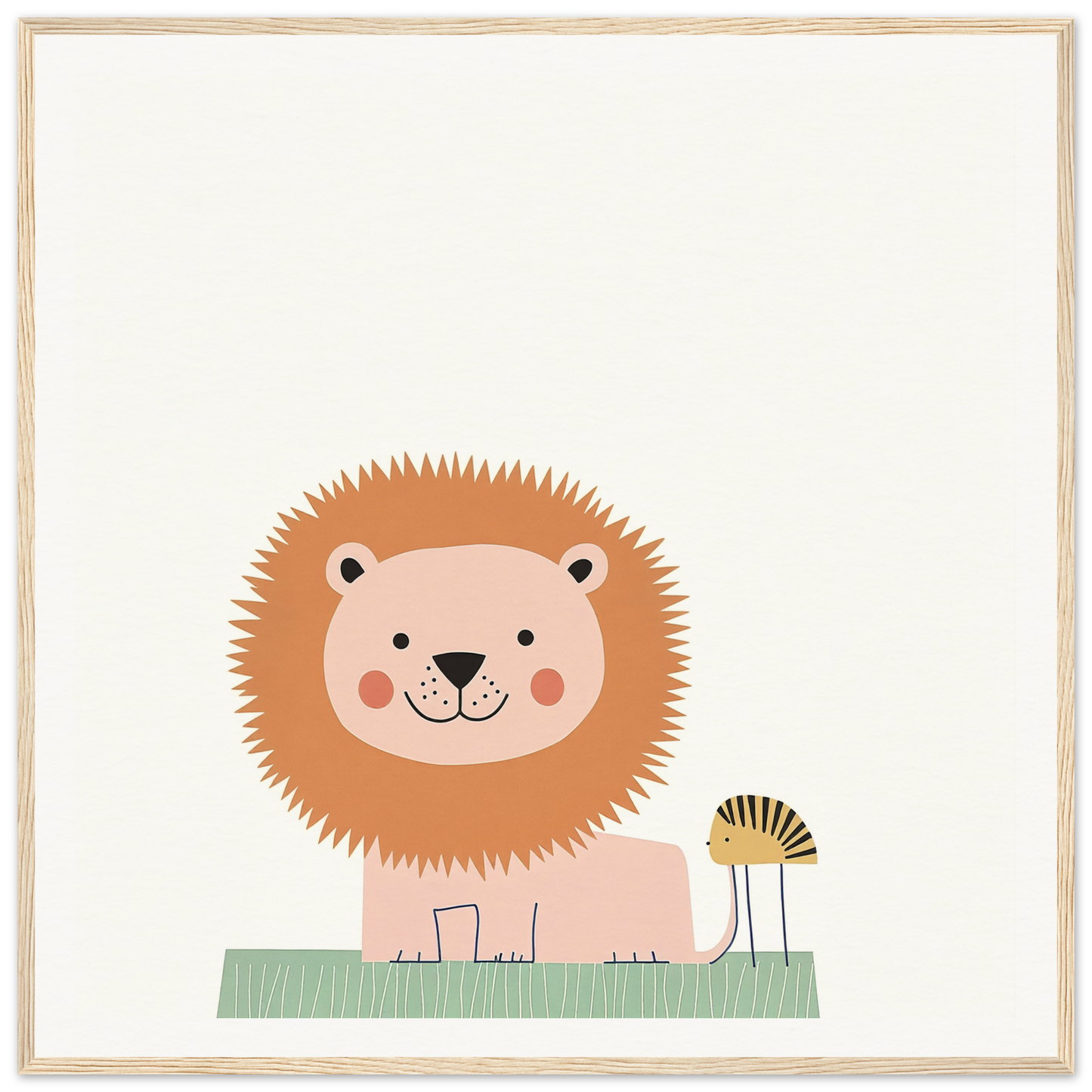 Cute cartoon lion with spiky mane sitting beside a flower in Pastel Jungle Trace