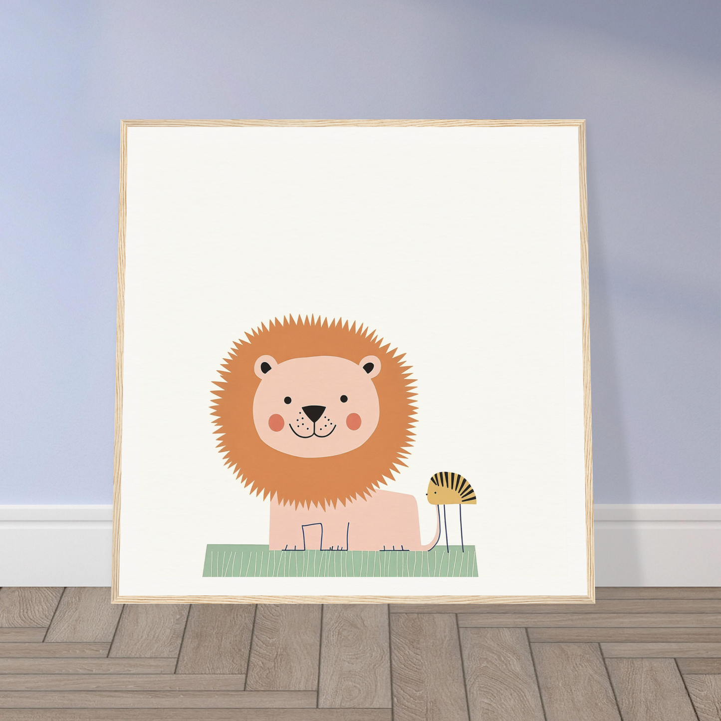 Cute cartoon lion with spiky mane beside a flower in Pastel Jungle Trace design