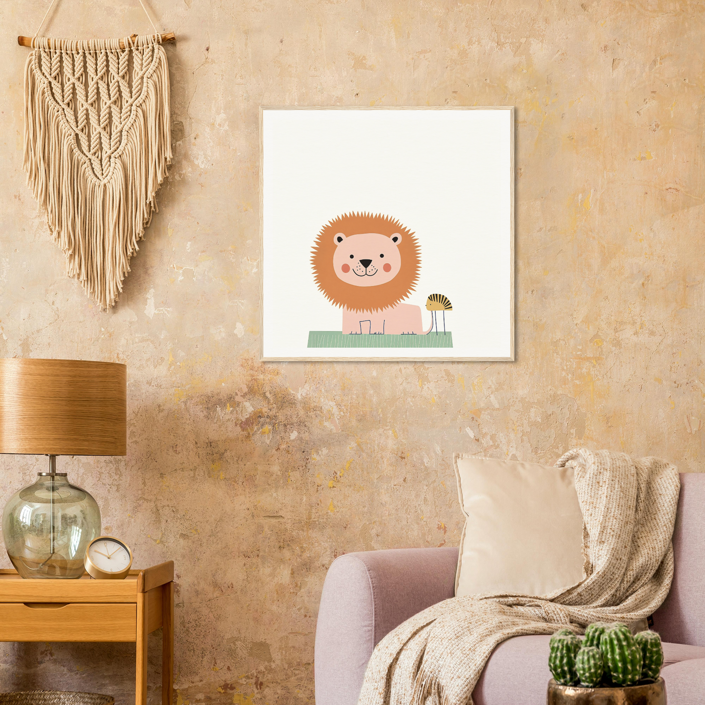 Cute cartoon lion with a mushroom on white canvas, featured in Pastel Jungle Trace
