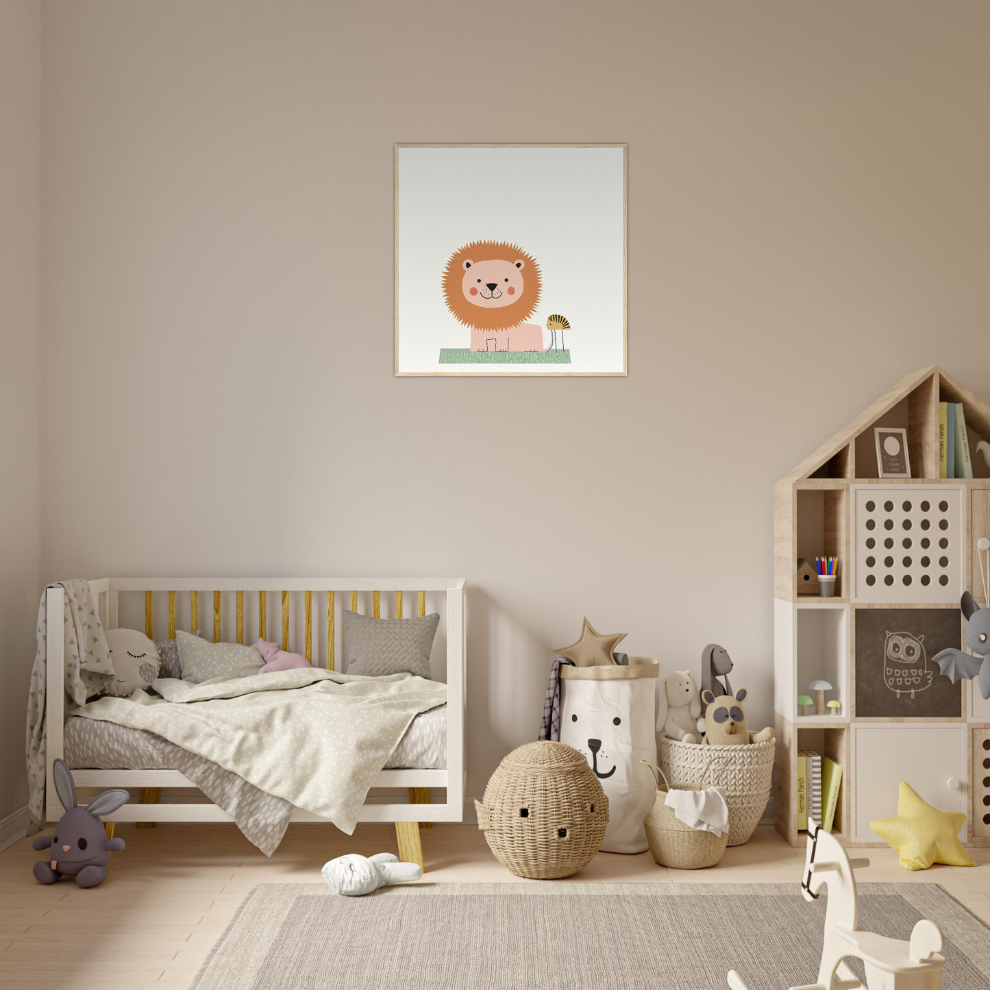 Cozy nursery in neutral tones featuring wooden crib and playful animal accents in Pastel Jungle Trace