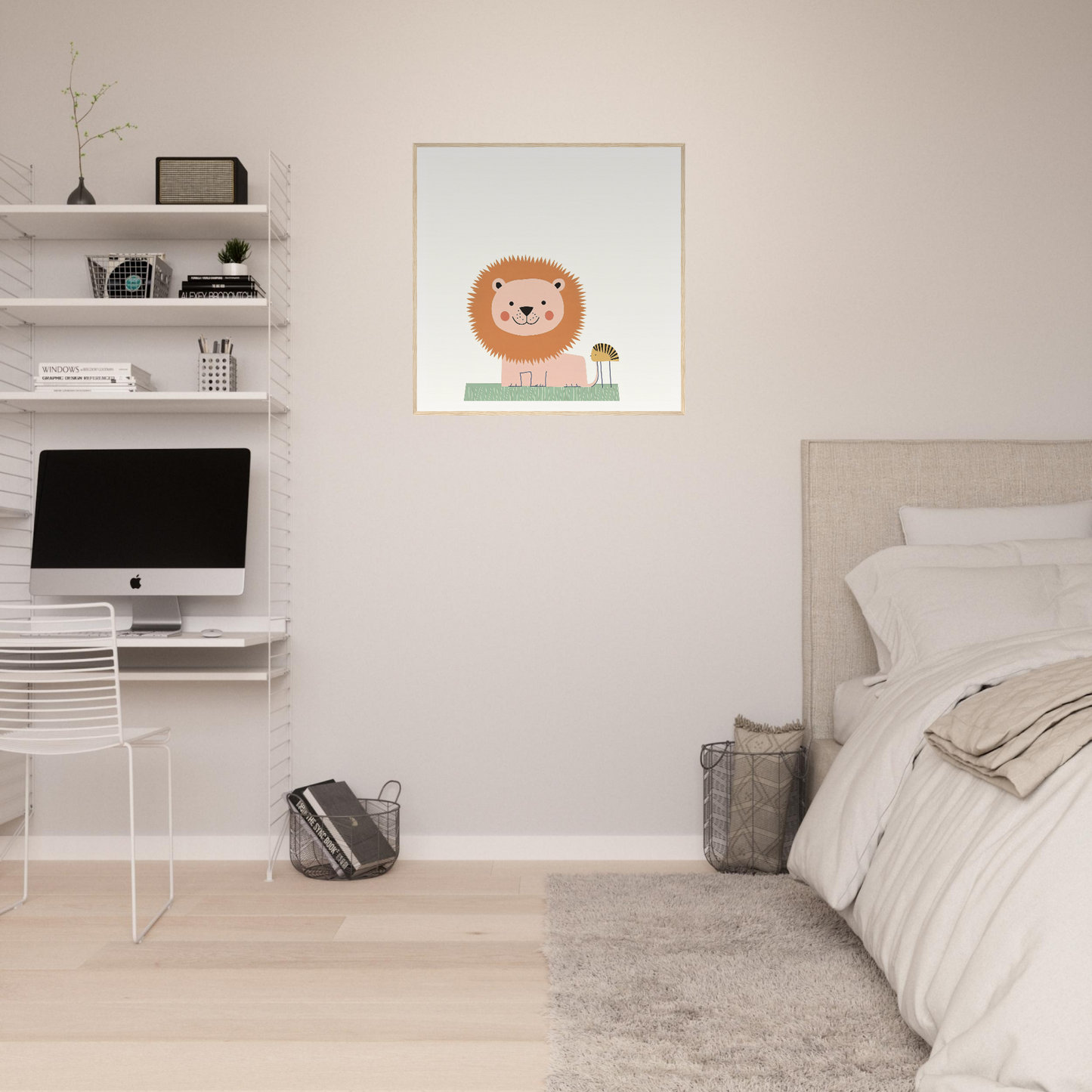 Minimalist bedroom featuring floating shelves, workstation, and lion illustration from Pastel Jungle Trace