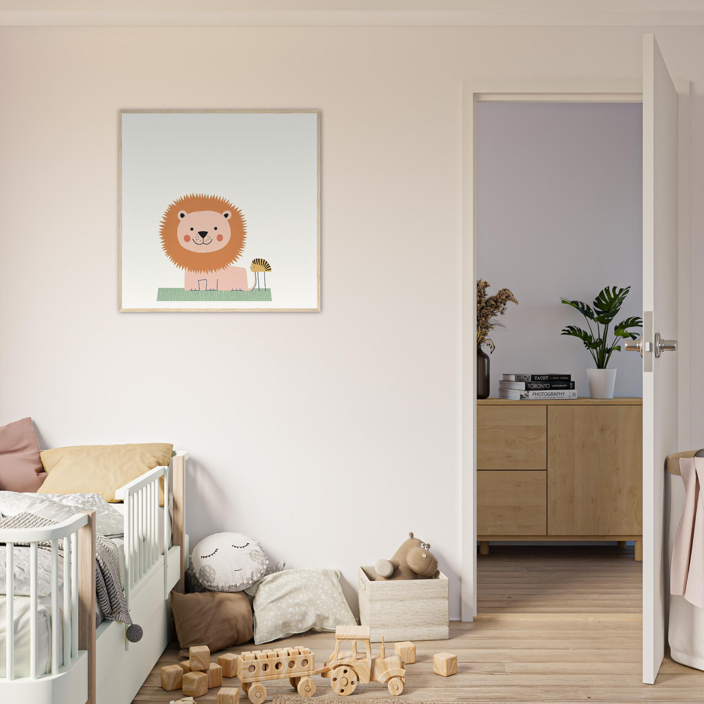Framed cartoon lion artwork with a small bird on a simple background in Pastel Jungle Trace