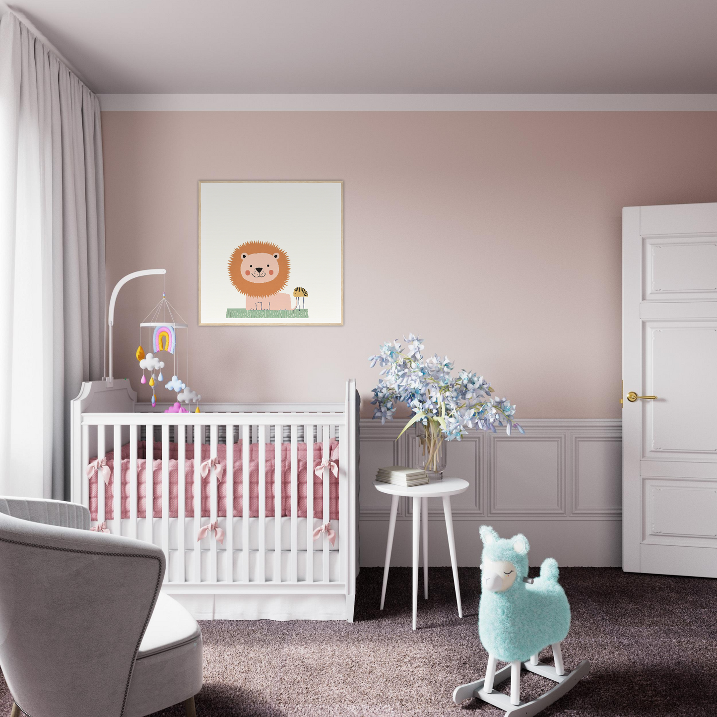 White wooden crib with pink bedding from the Pastel Jungle Trace collection