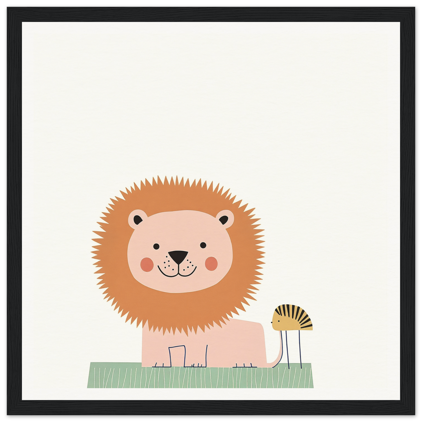 Cute cartoon lion with spiky mane beside a mushroom in Pastel Jungle Trace design