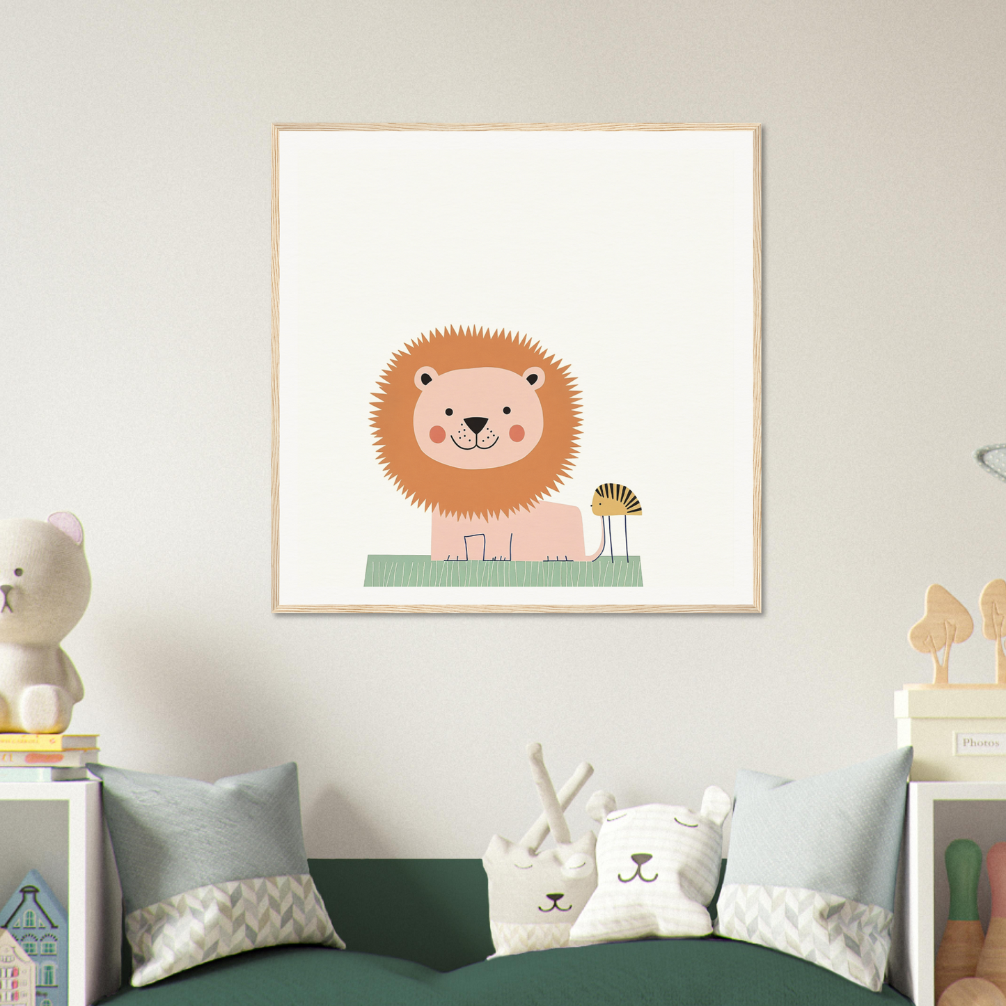Cute cartoon lion illustration with a dandelion flower in Pastel Jungle Trace