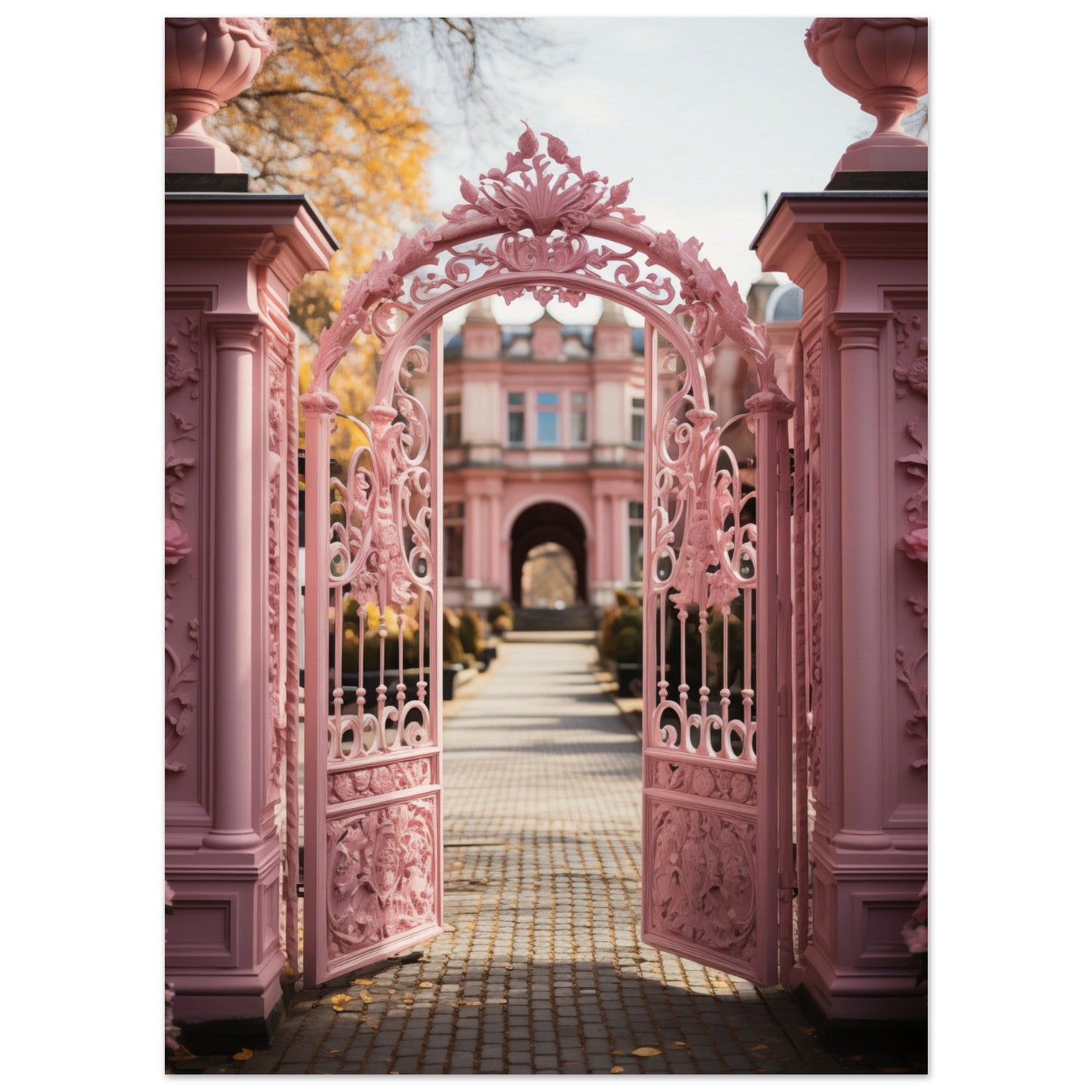 Ornate pink wrought iron gate with intricate floral designs.