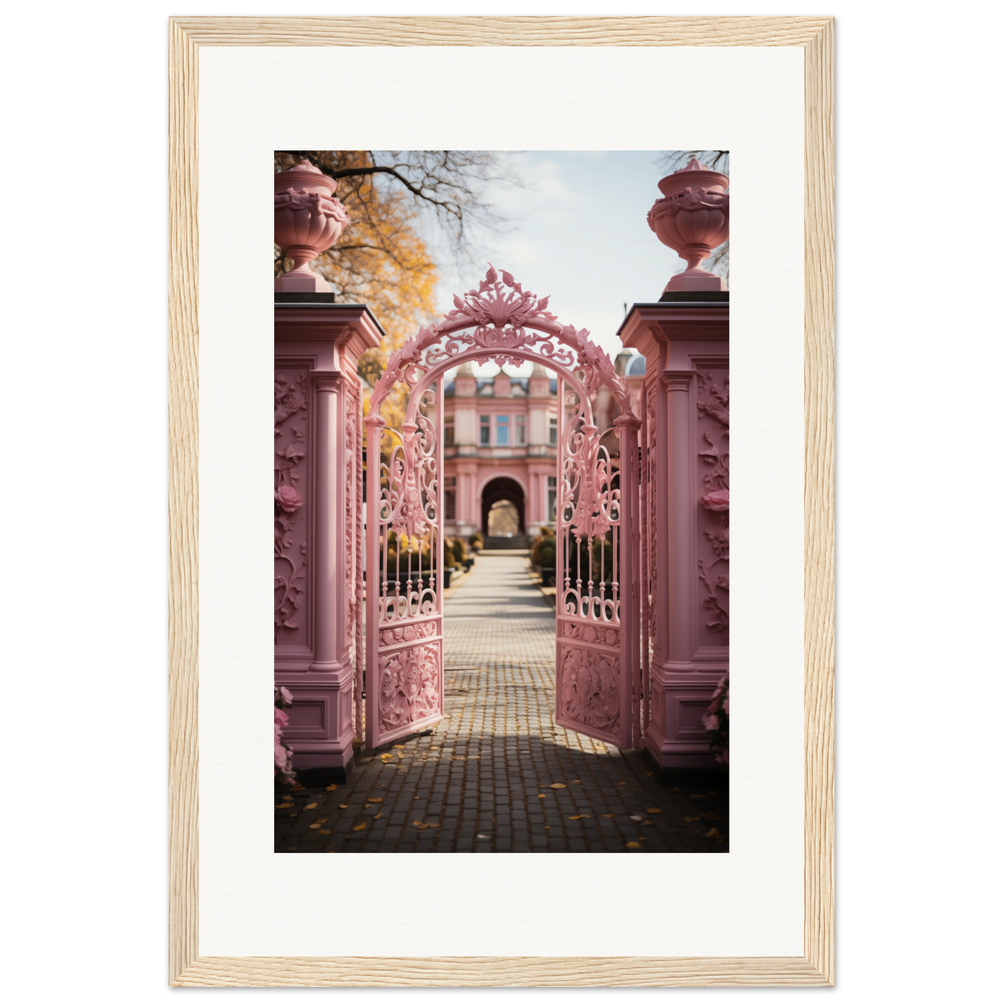 Ornate pink wrought iron gate leading to a garden pathway.