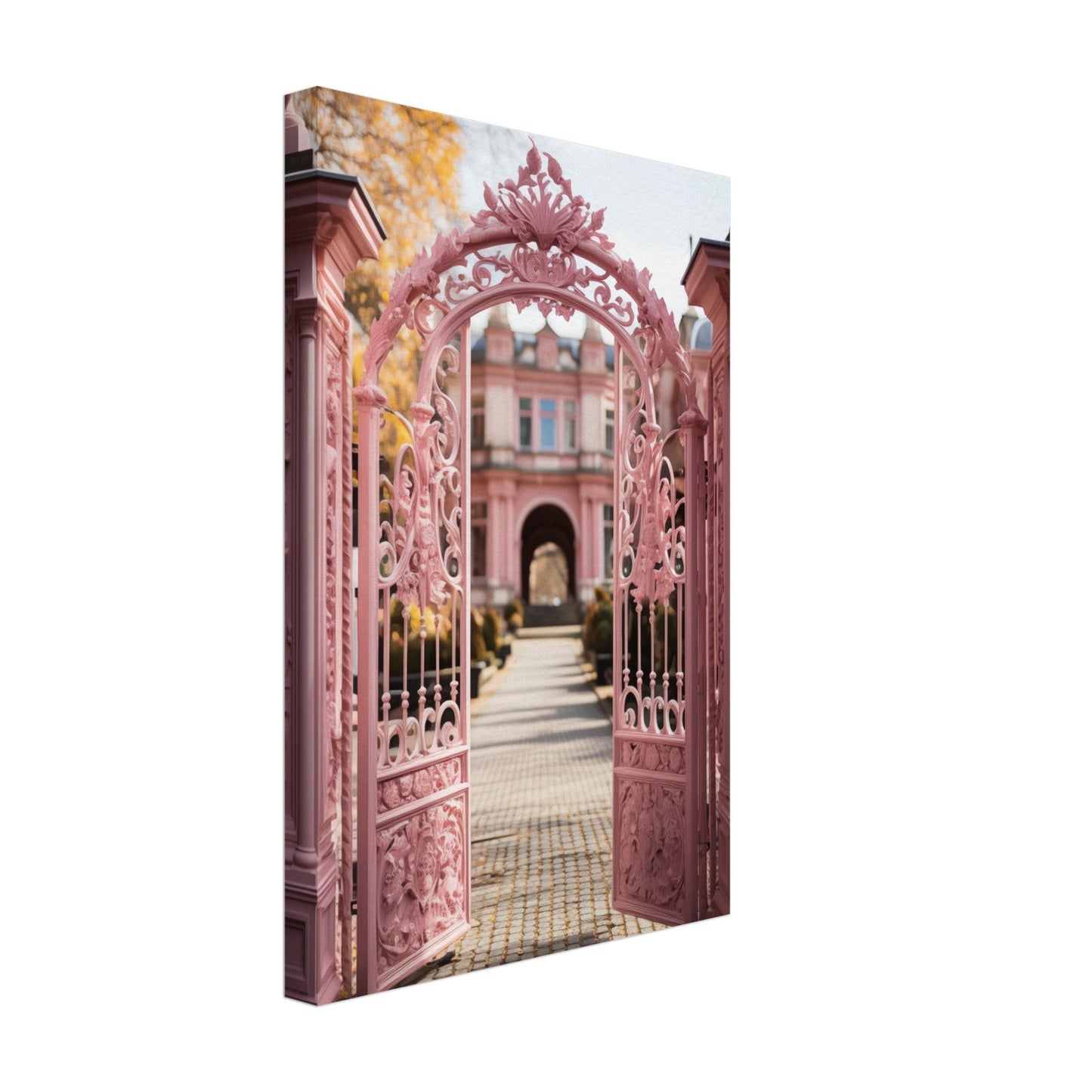 Ornate pink wrought iron gate opening to a courtyard.