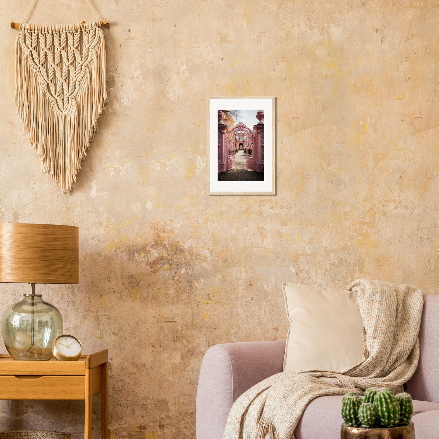 Macramé wall hanging with intricate knotted patterns and fringe.