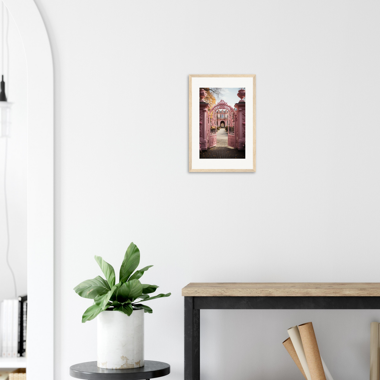 Framed photograph of a picturesque alleyway with pink blossoms.