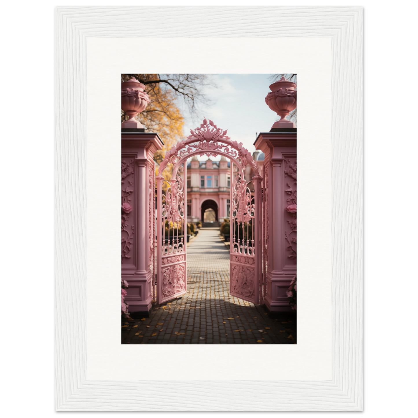 Ornate pink wrought iron gate leading to a garden path and building entrance.