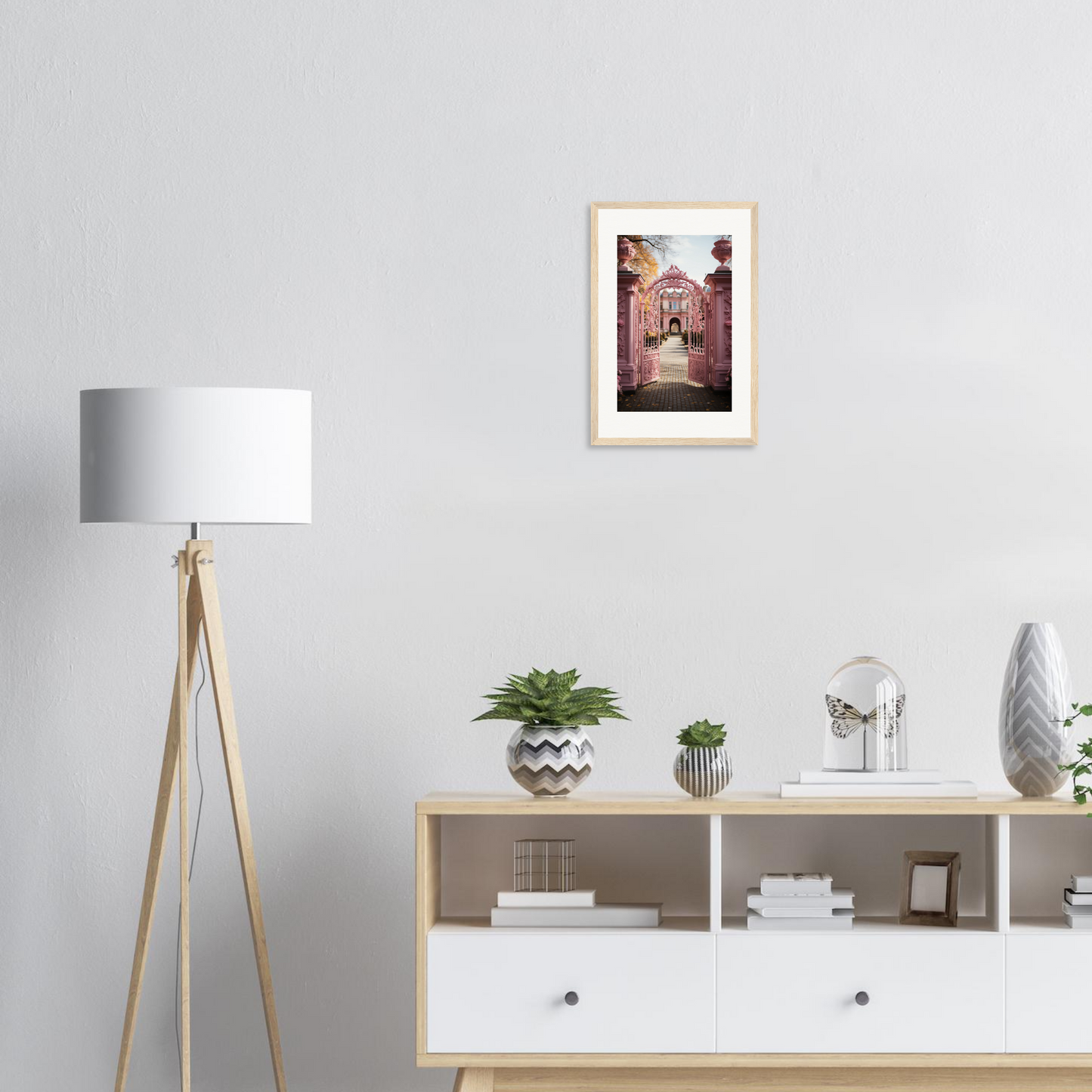 Wooden sideboard with open shelving and drawers, displaying plants and decorative objects.