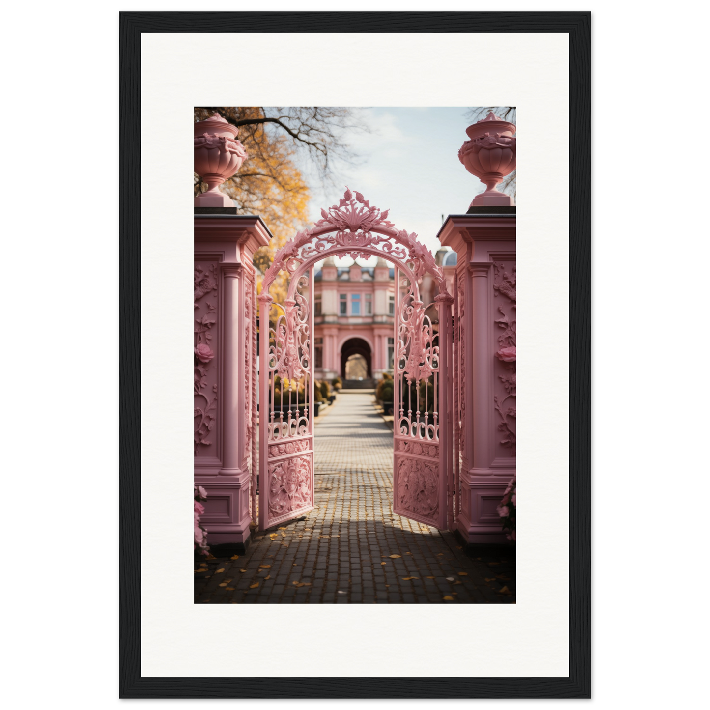 Ornate pink wrought iron gate leading to a garden path and building entrance.