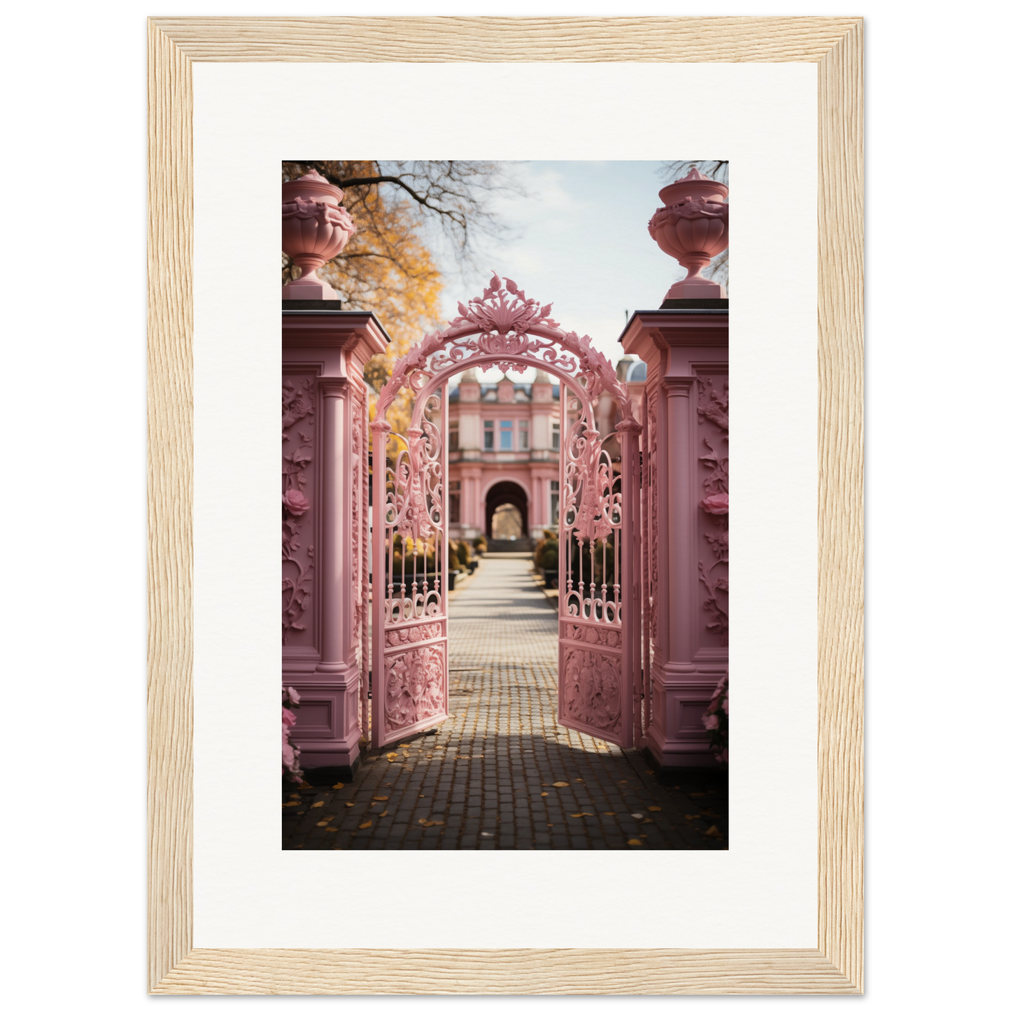 Ornate pink wrought iron gate leading to a garden path.