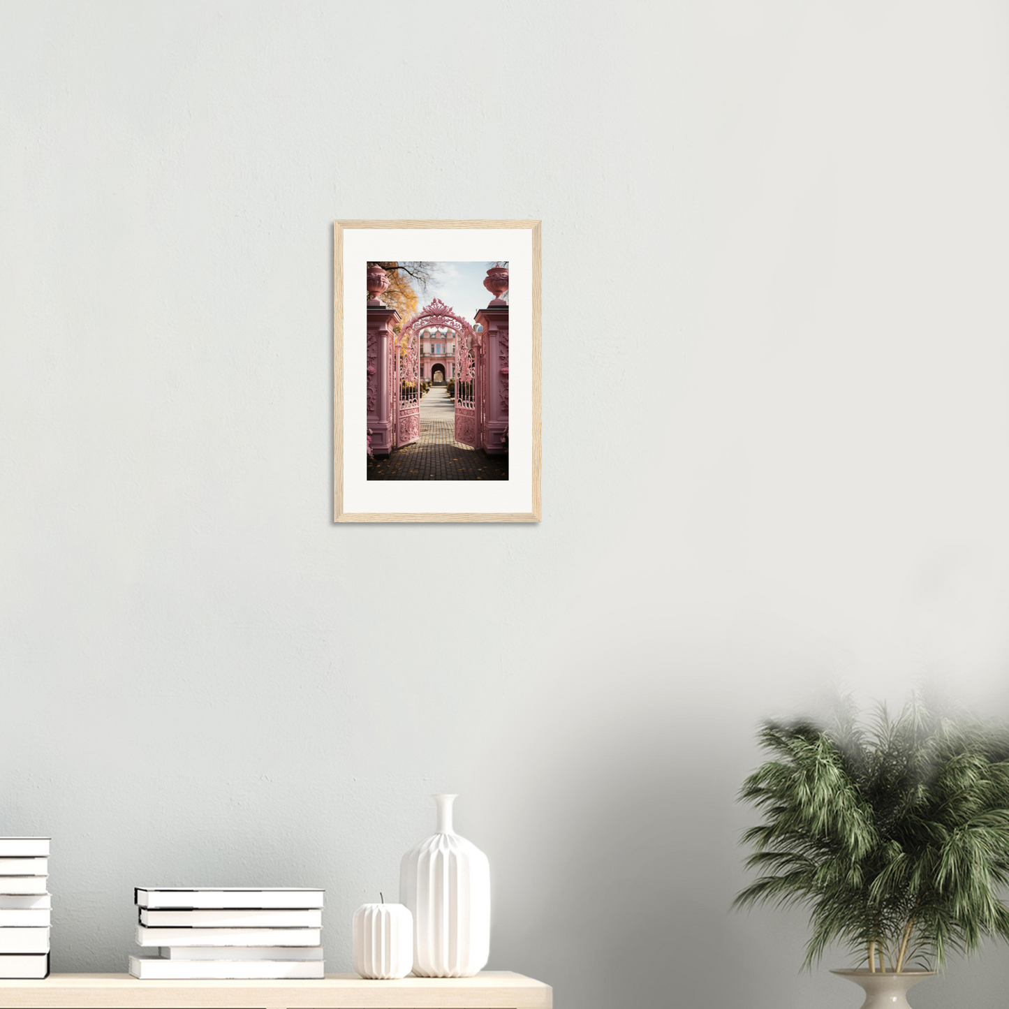 Framed photograph of an ornate archway leading to a garden or courtyard.