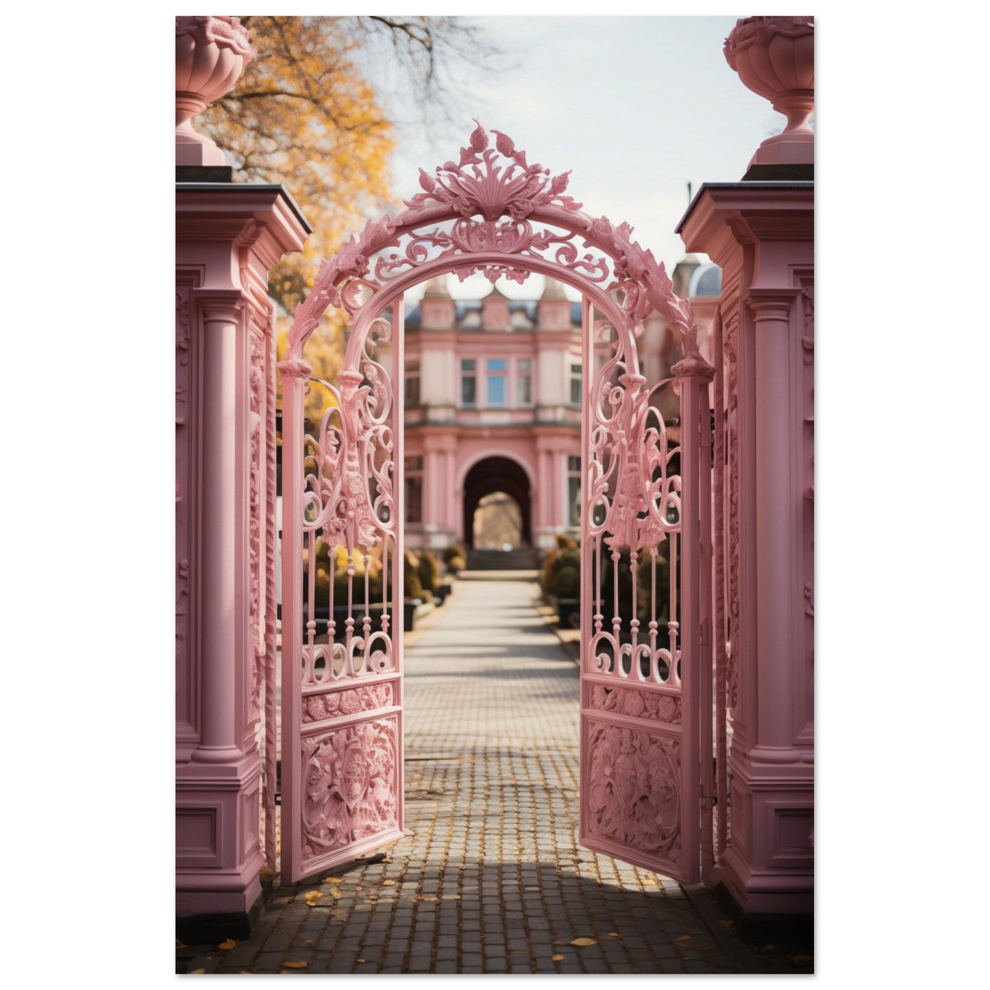 Ornate pink wrought iron gate with intricate floral designs.