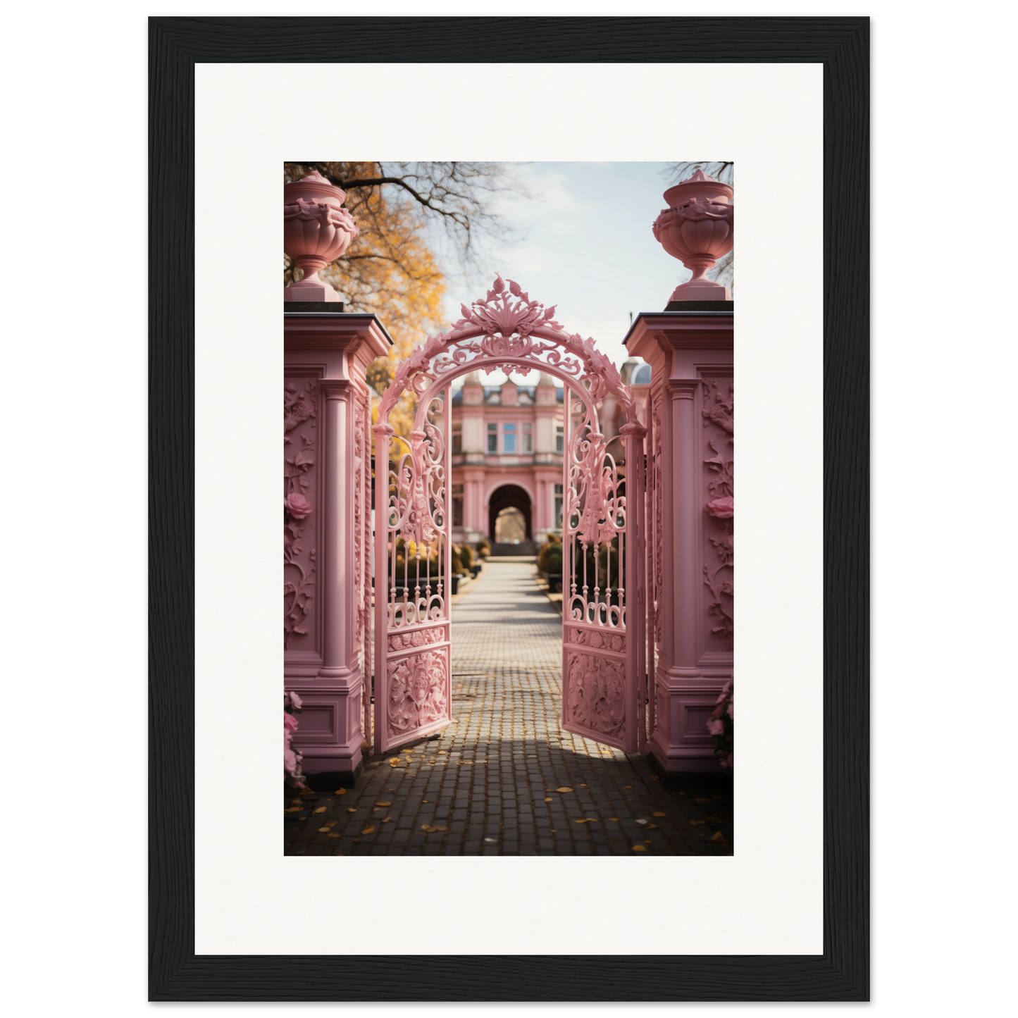 Ornate pink gateway with intricate floral designs leading to a path.