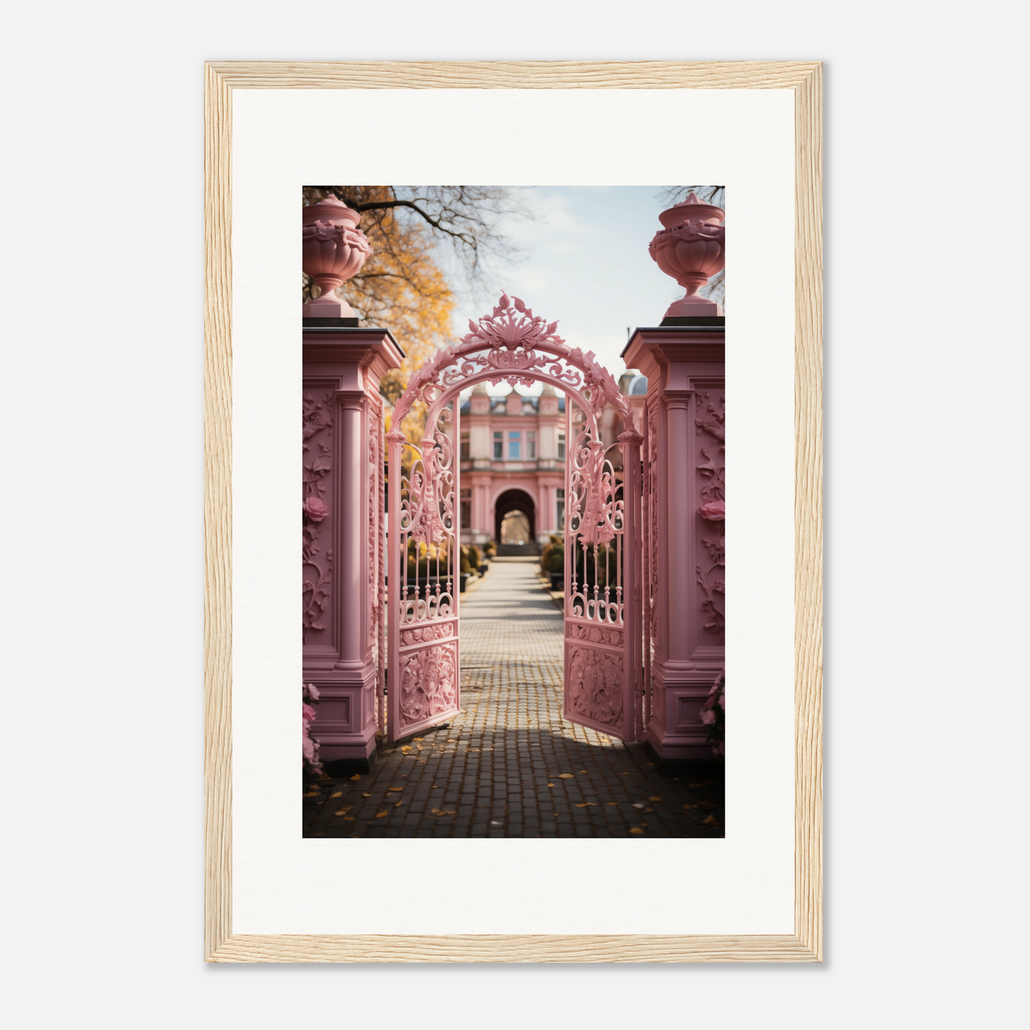 Ornate pink archway with floral decorations leading to a garden path.