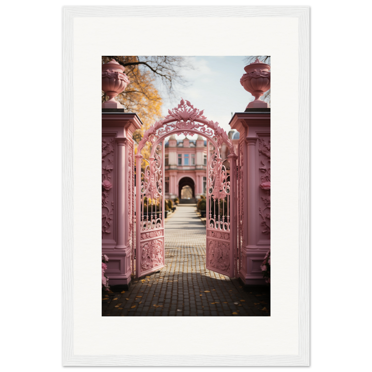 Ornate pink gate leading to a garden pathway with an arched entrance in the distance.