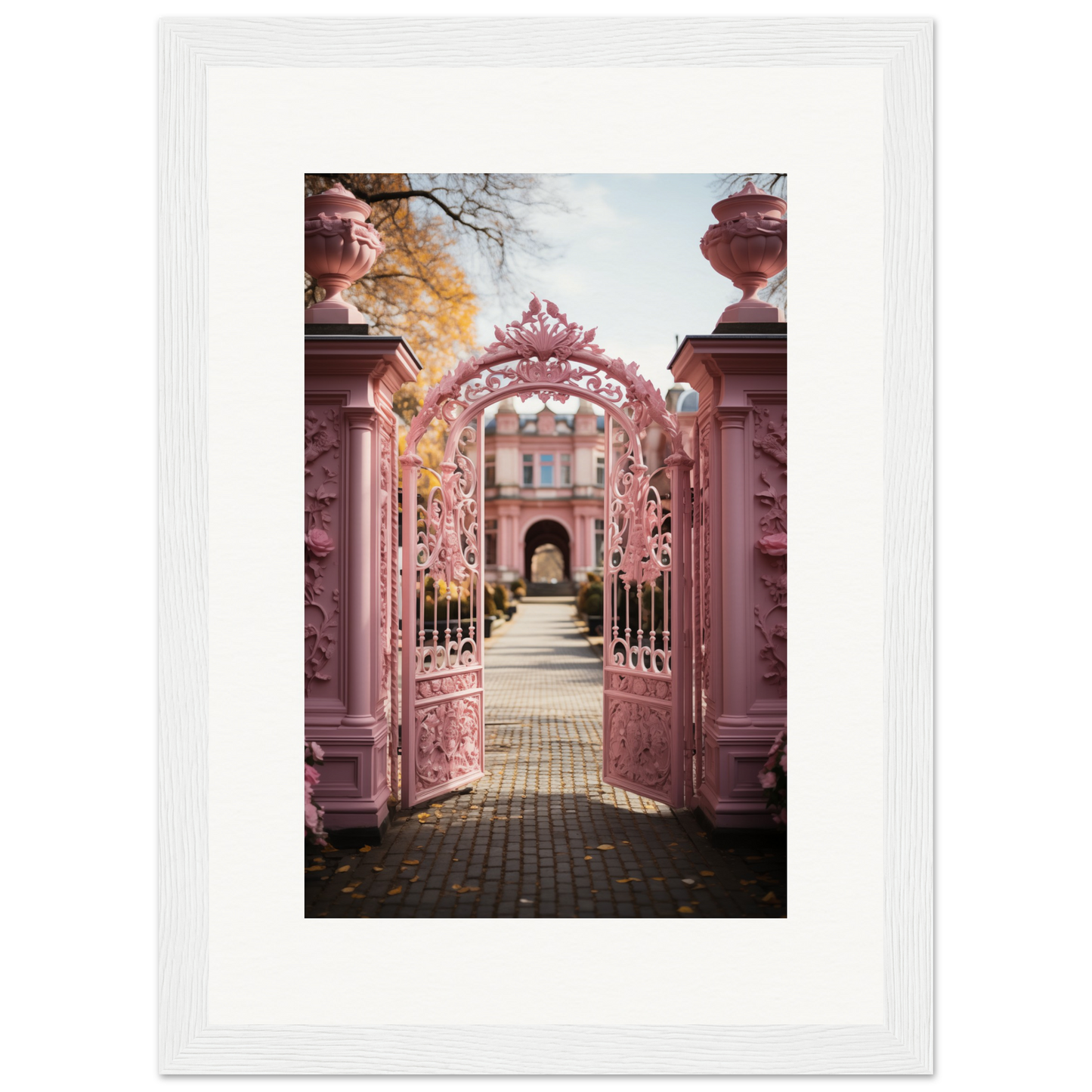 Ornate pink wrought iron gate leading to a garden path.