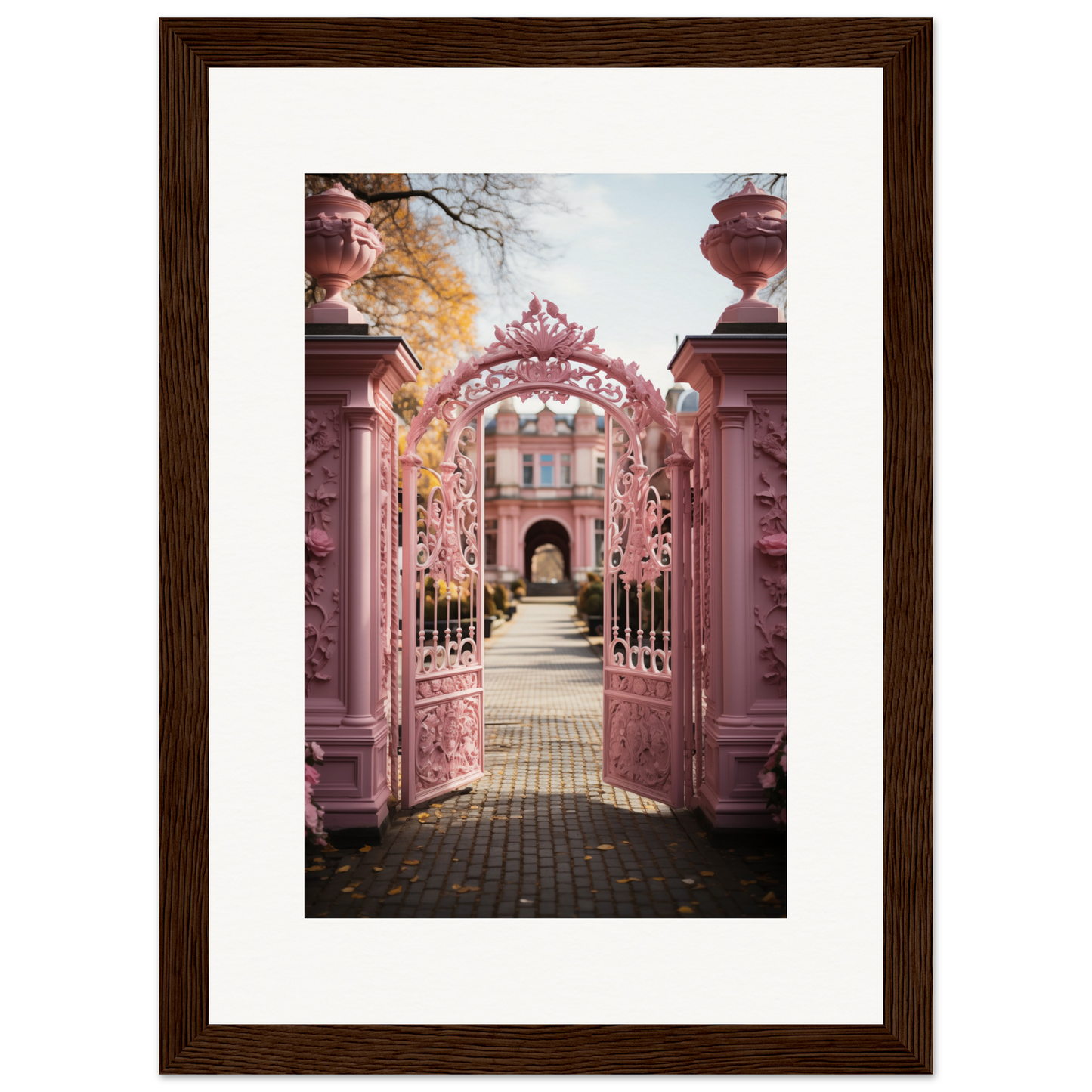 Ornate pink wrought iron gate leading to a garden pathway.