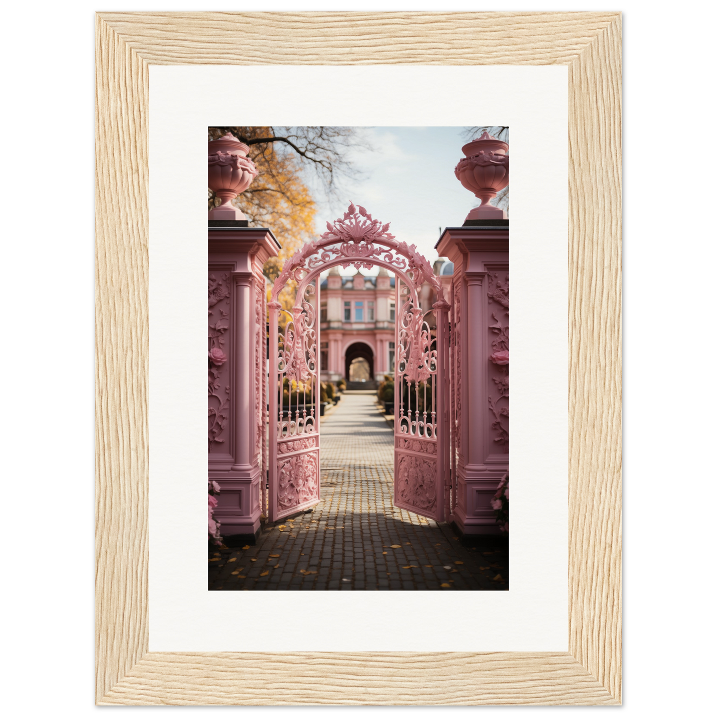 Ornate pink wrought iron gate leading to a garden path.
