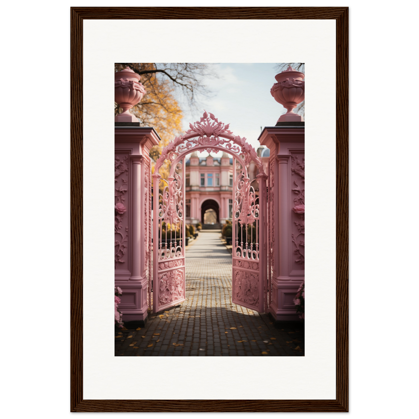 Ornate pink gate leading to a garden pathway with an arched entrance in the distance.