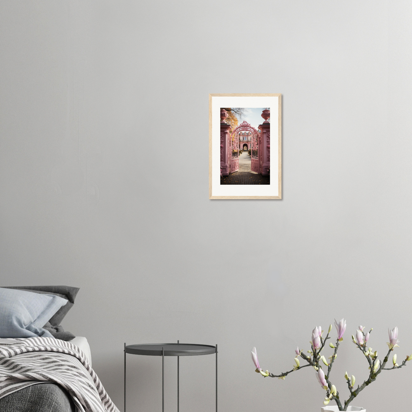 Framed photograph of a narrow European alleyway with arched passageways.