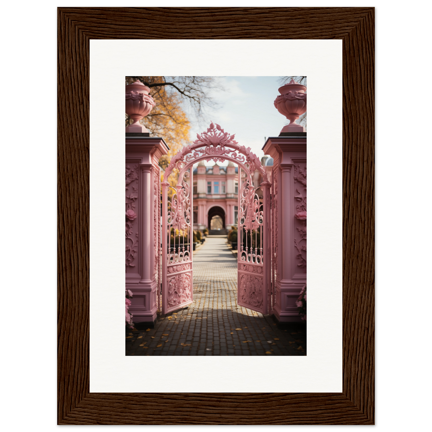 Ornate pink wrought iron gate leading to a garden path and building entrance.