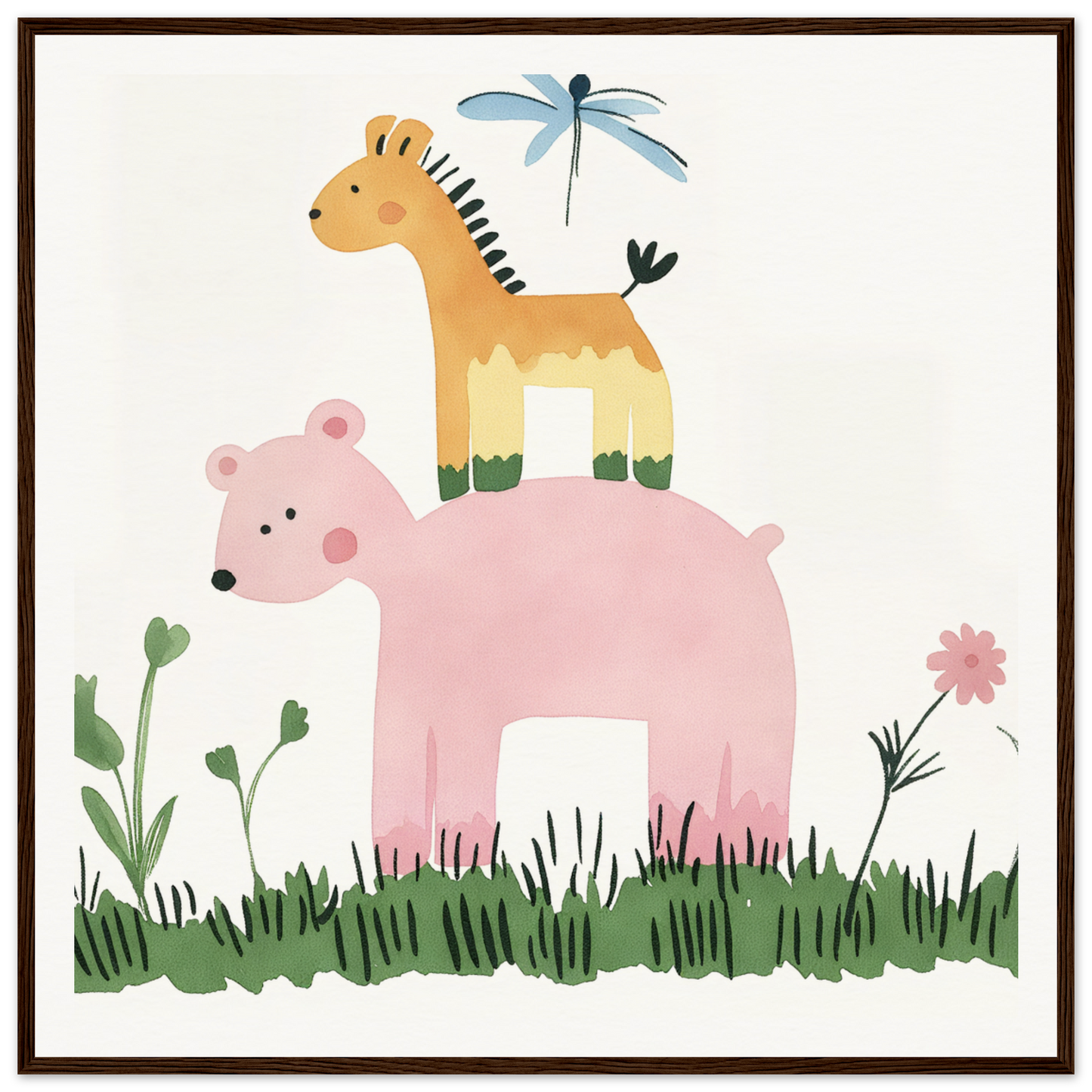 Pink bear and yellow giraffe with blue dragonfly in Pastel Safari Flux design