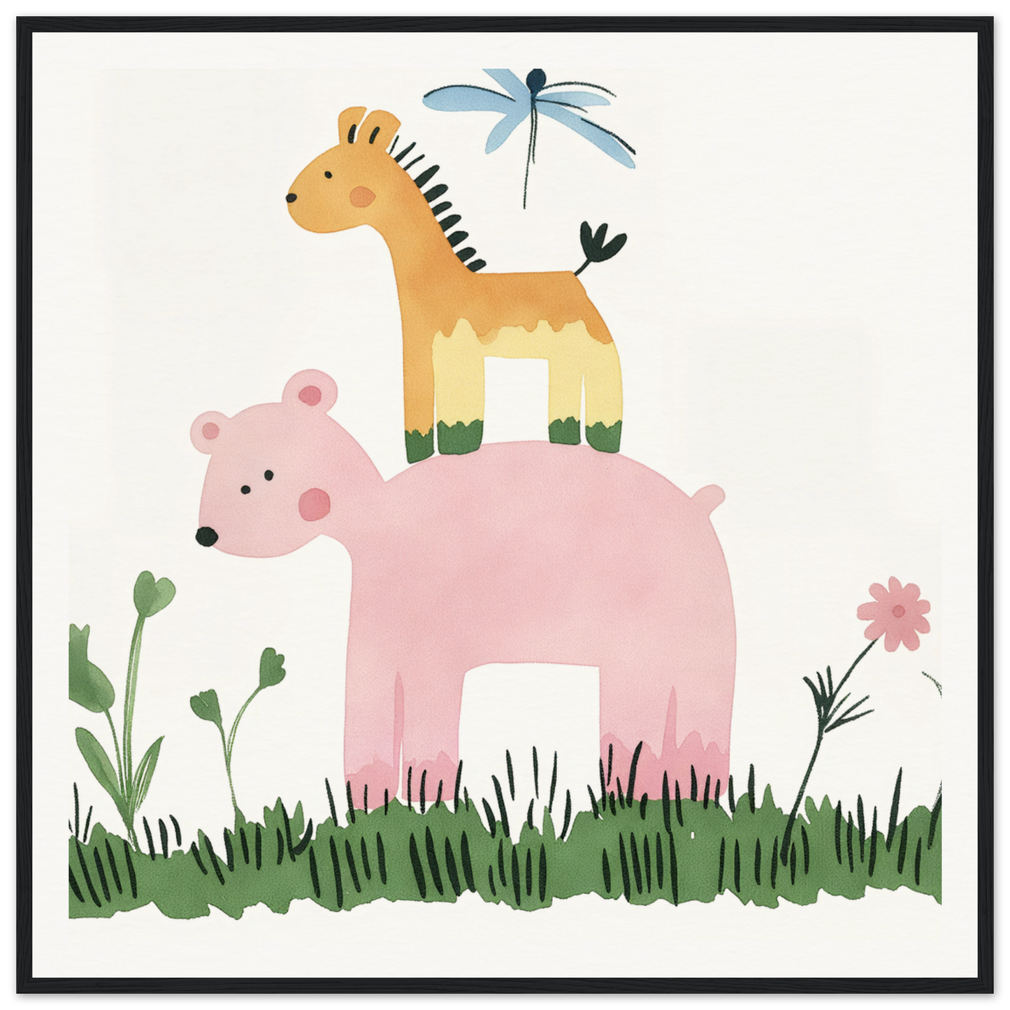 Pastel Safari Flux featuring a pink bear, yellow giraffe, and blue dragonfly