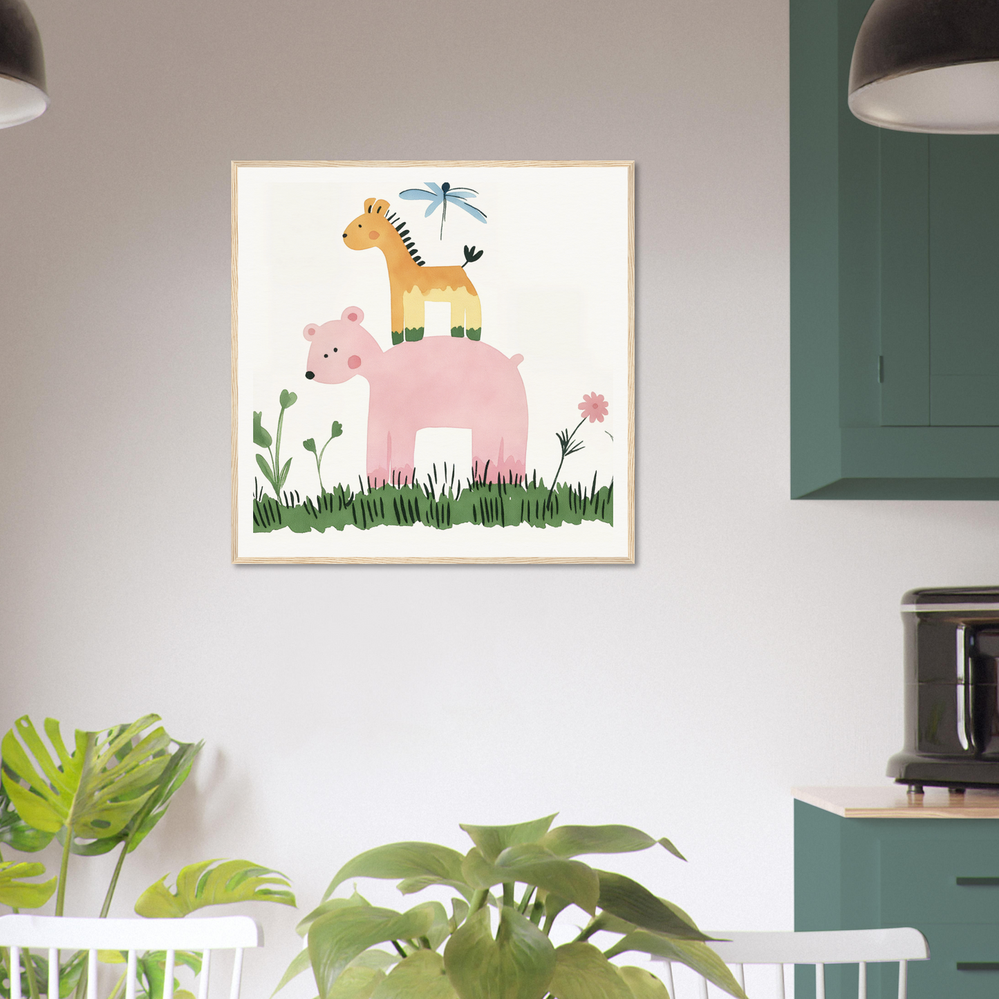 Framed Pastel Safari Flux nursery art featuring a pink pig, giraffe, and bird in nature