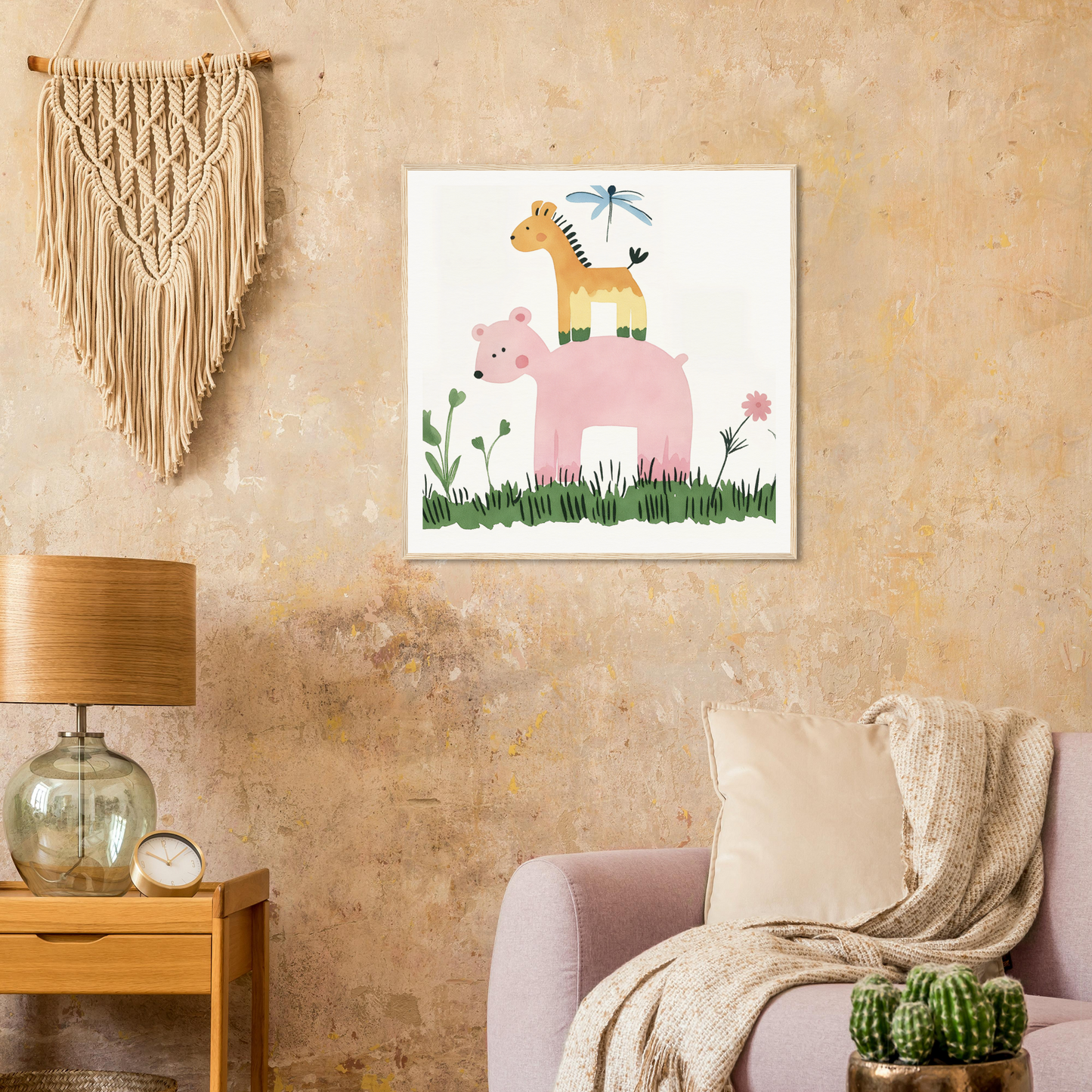 Whimsical nursery art of a giraffe and dragonfly on a pink elephant in a floral scene